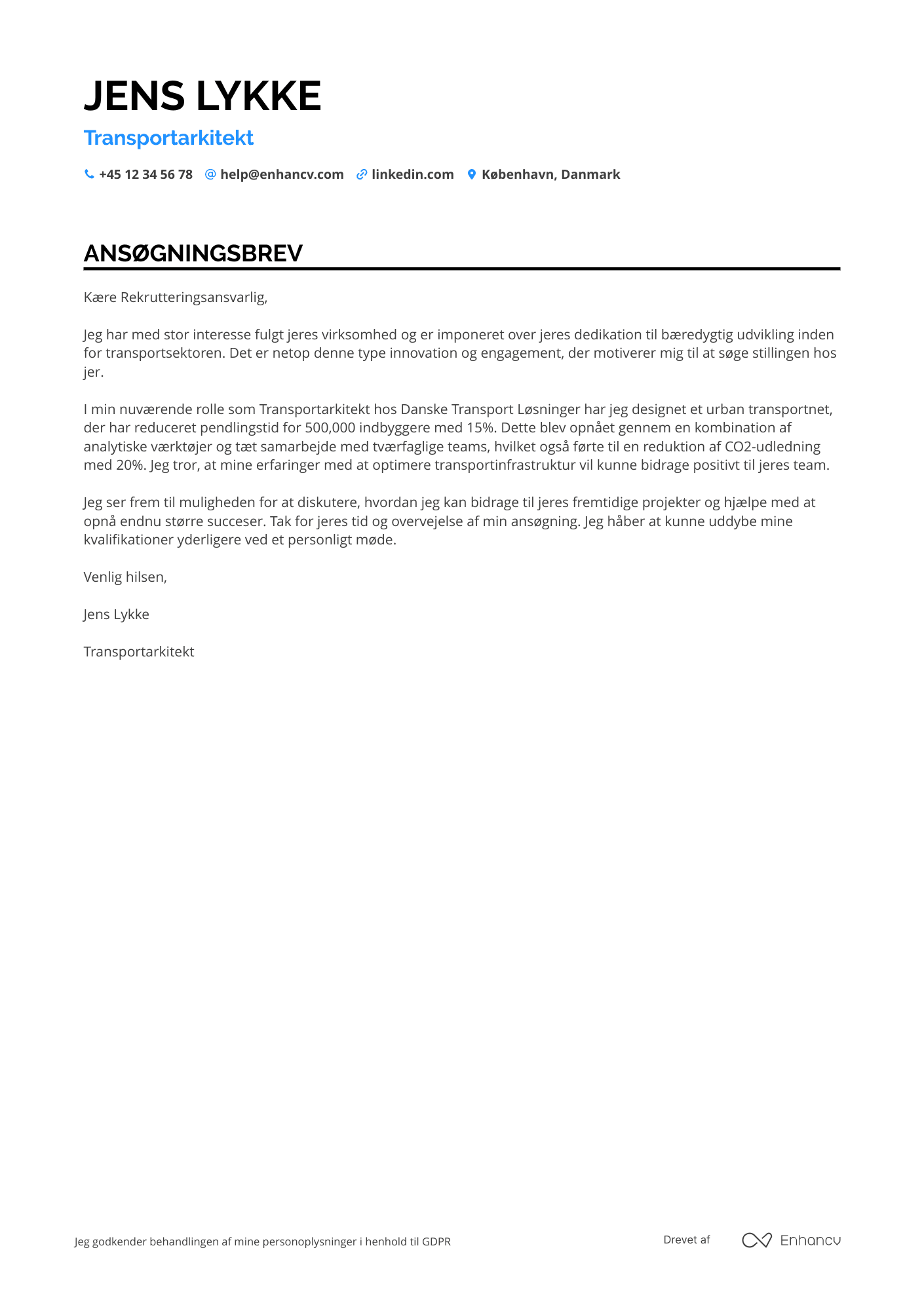 Ansøgningsbrev til Transportarkitekt Resume Example