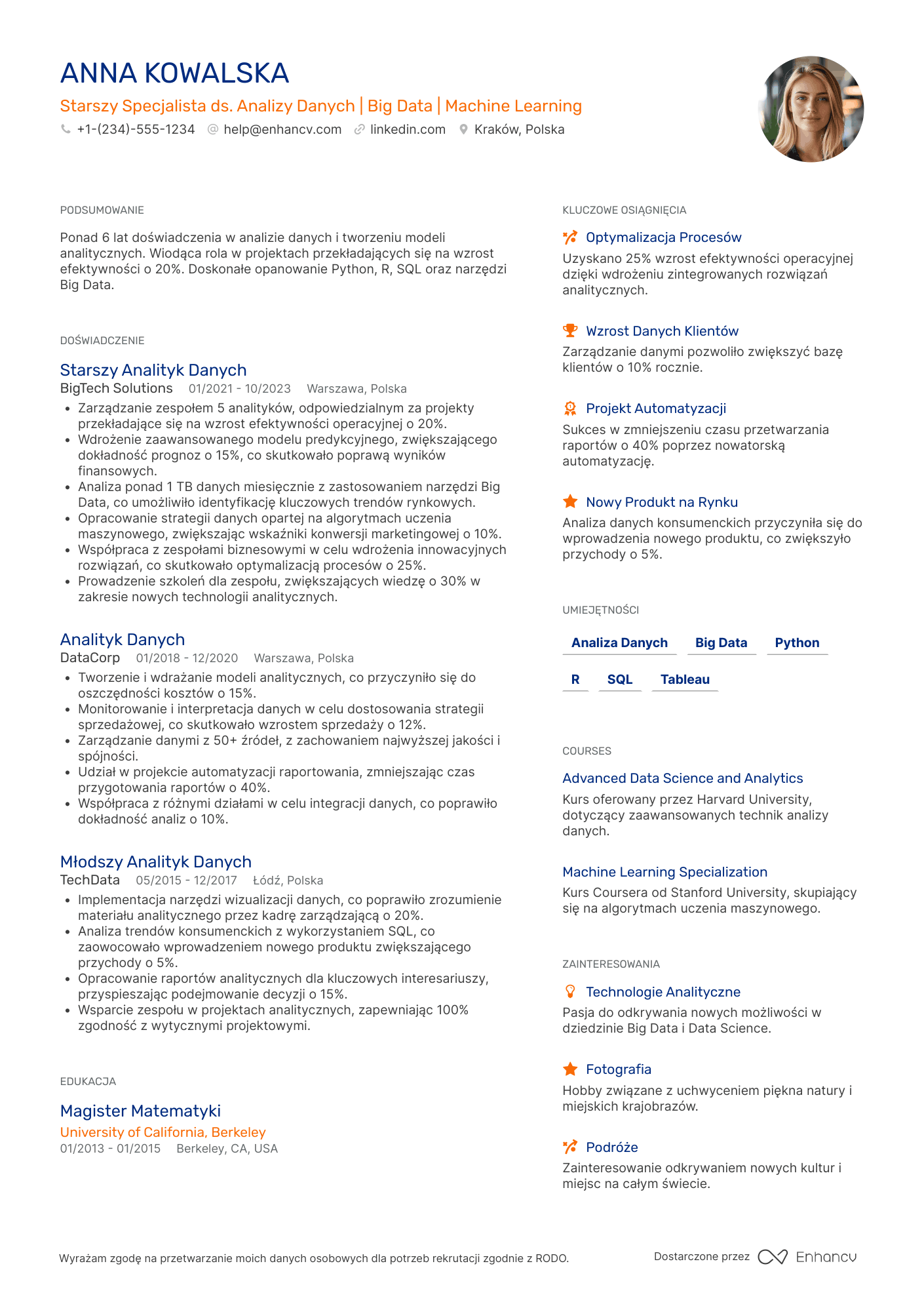 CV dla Senior Data Scientist Resume Example