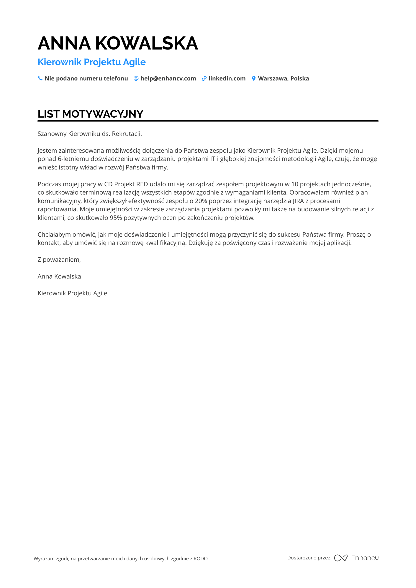 List motywacyjny dla Kierownik Projektu Agile Resume Example