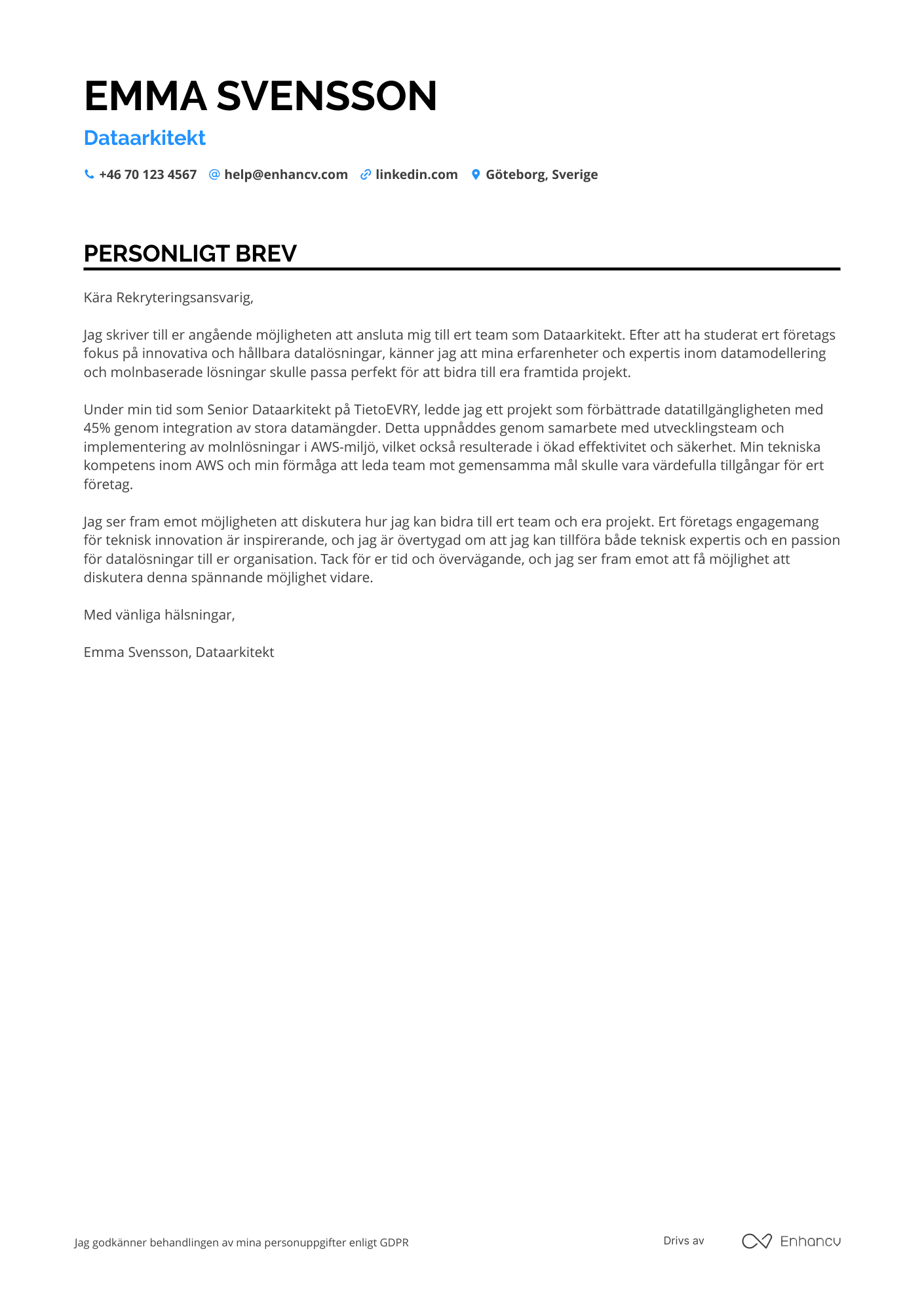 Personligt brev för Dataarkitekt Resume Example