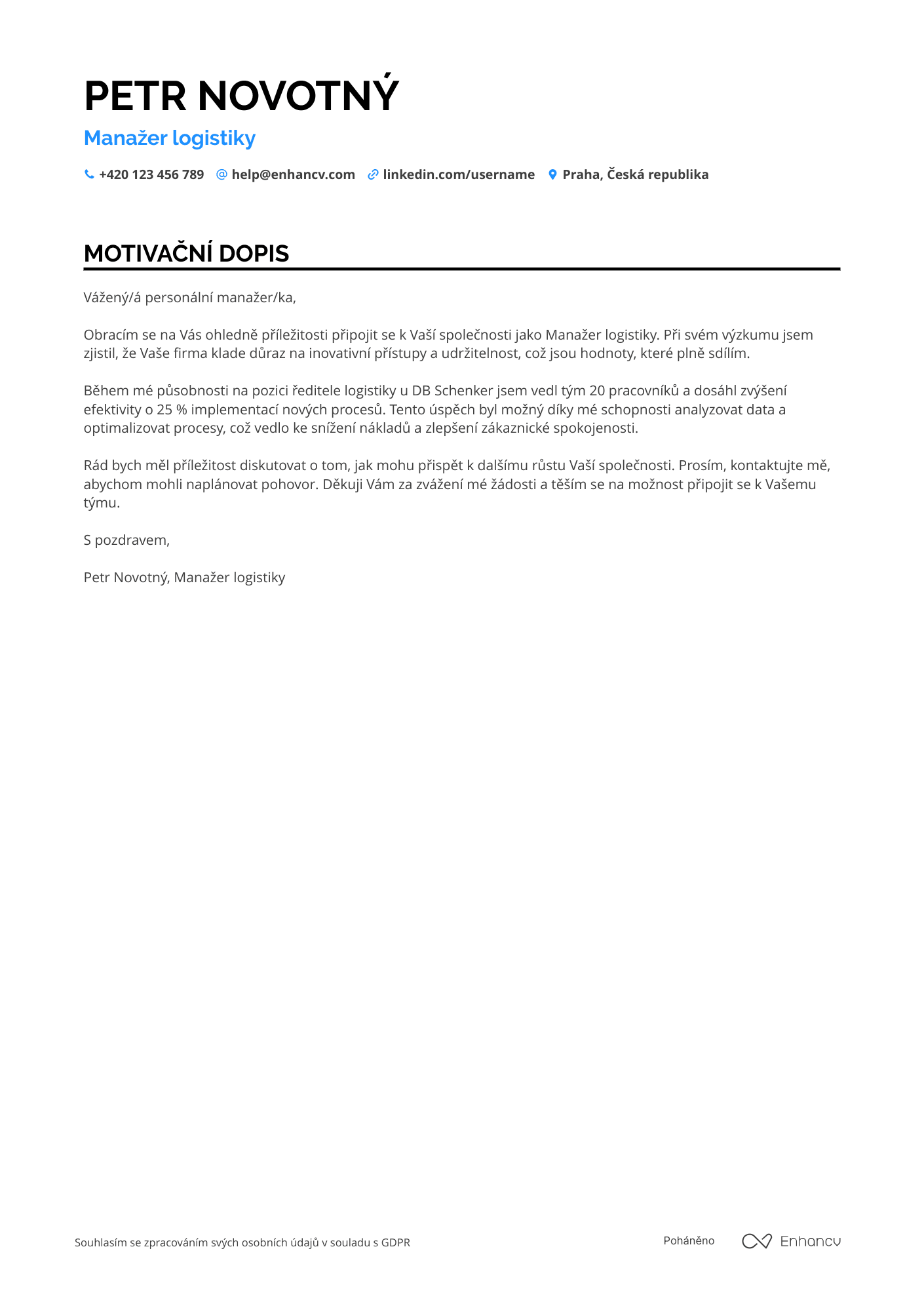Motivační dopis pro Manažer logistiky Resume Example