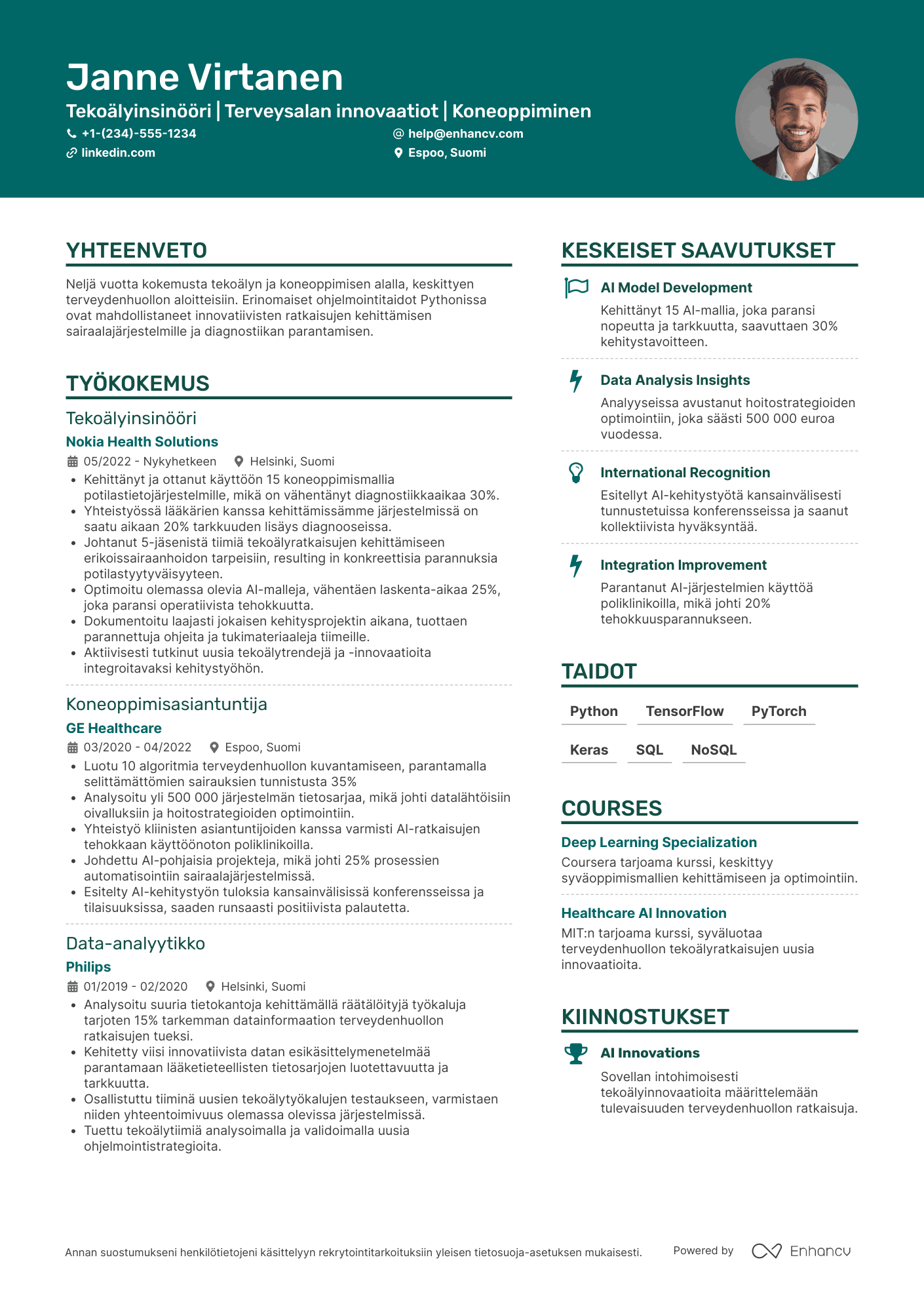 Ansioluettelo Tekoälyinsinööri terveydenhuolto Resume Example