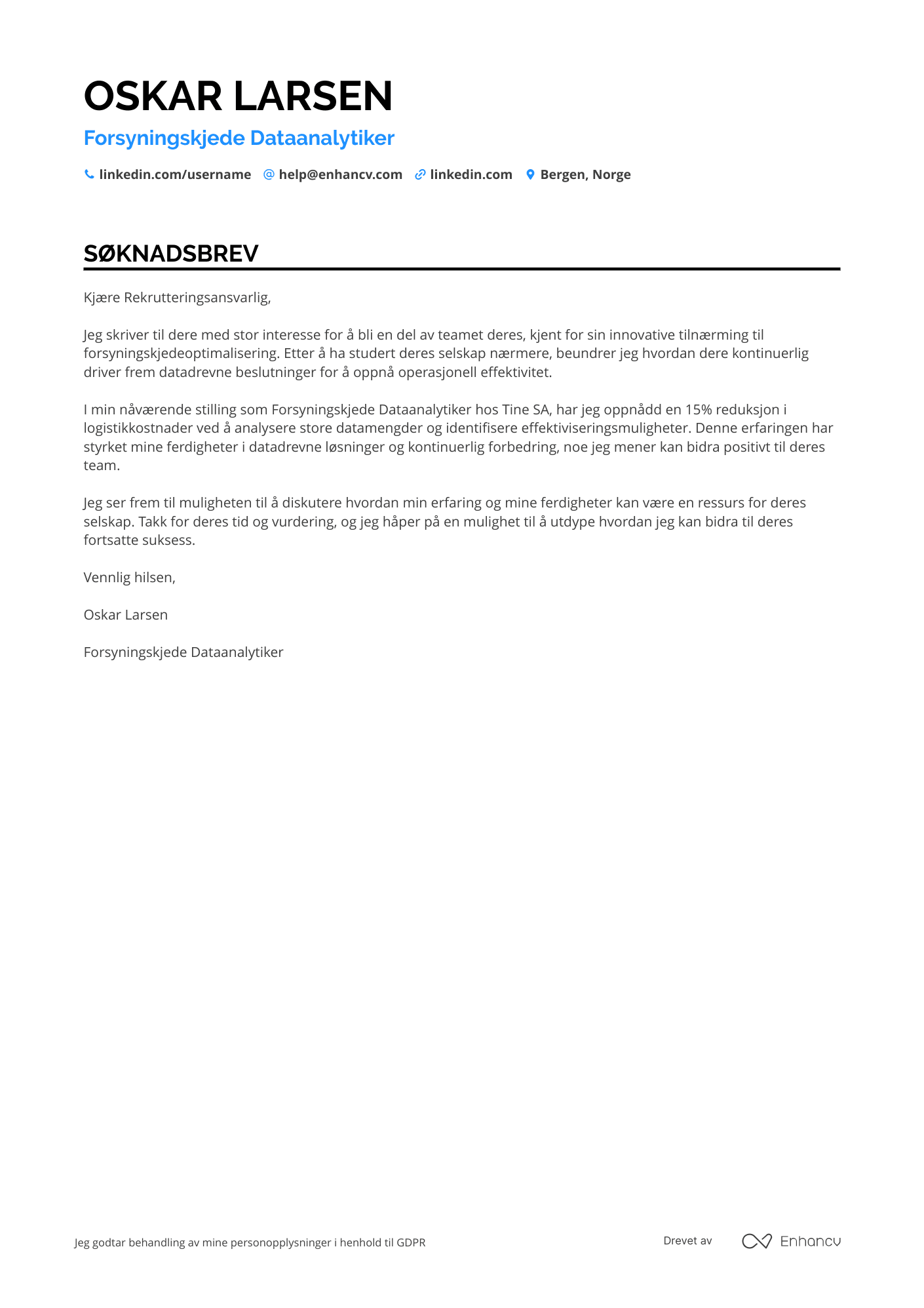 Søknadsbrev for Forsyningskjede Dataanalytiker Resume Example