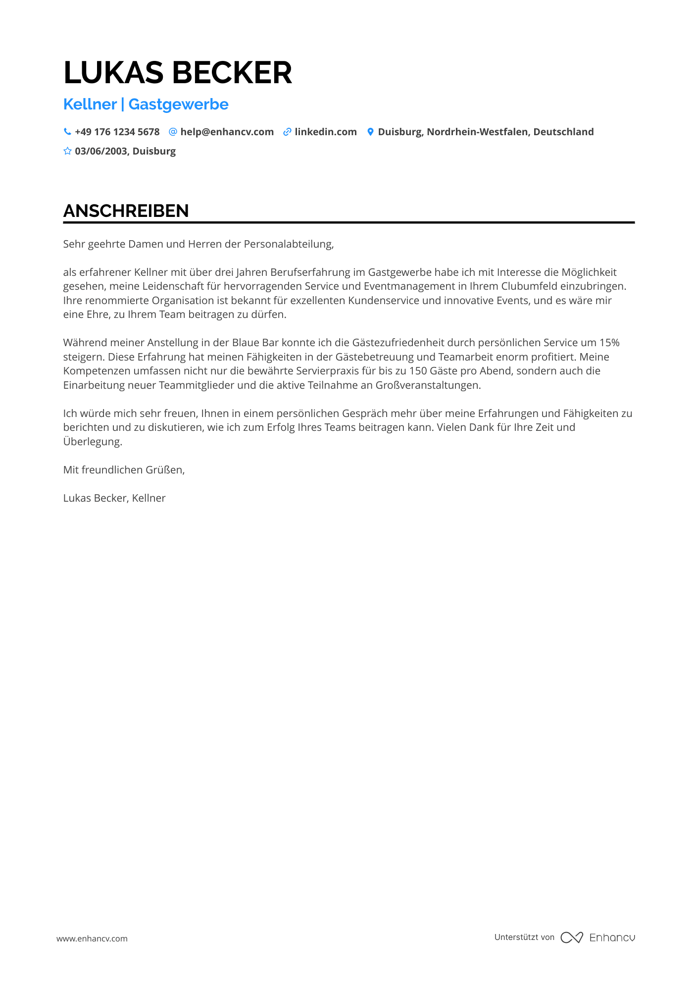 Kellner für Nachtclub Resume Example