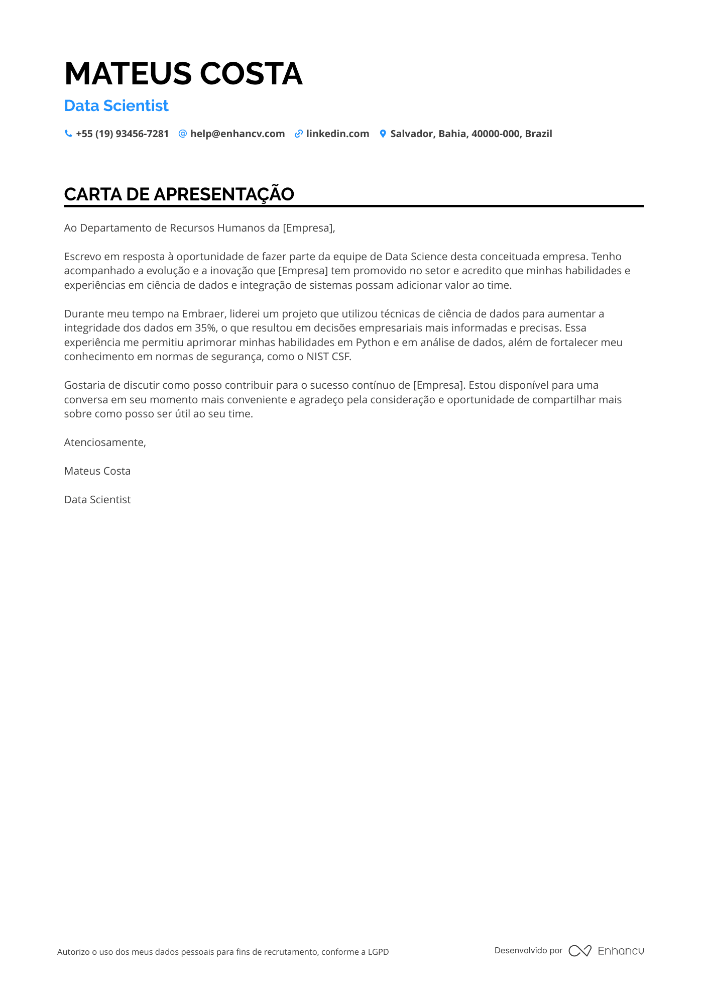 Ciencia de dados Sem experiência Resume Example