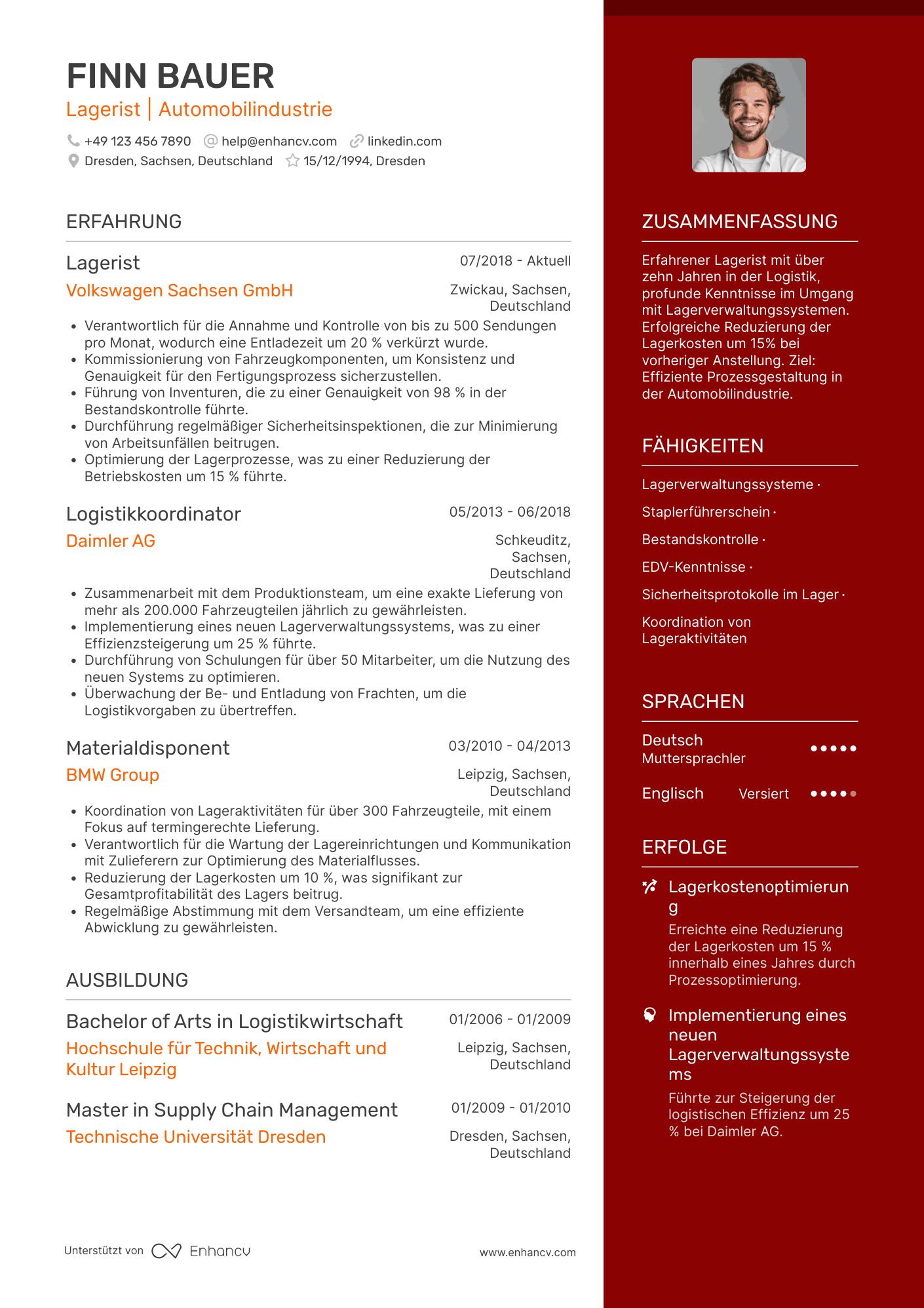 Lebenslauf in Lagerist in der Automobilindustrie Resume Example