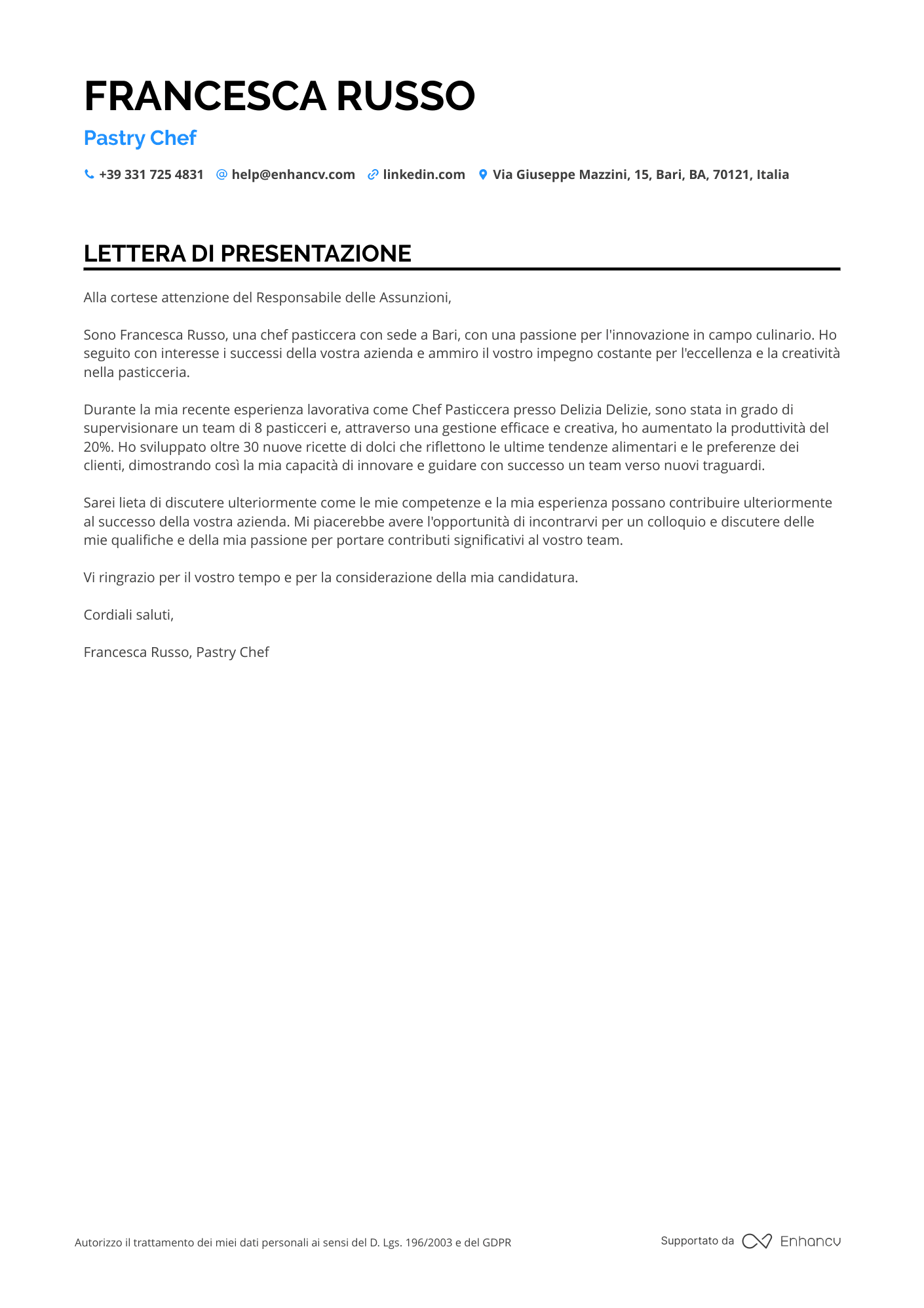 Pasticcere Sottocapo Resume Example