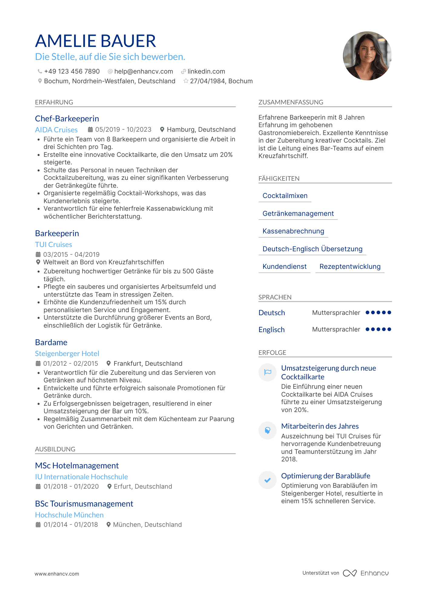 Lebenslauf als Barmann für Kreuzfahrtschiffe Resume Example