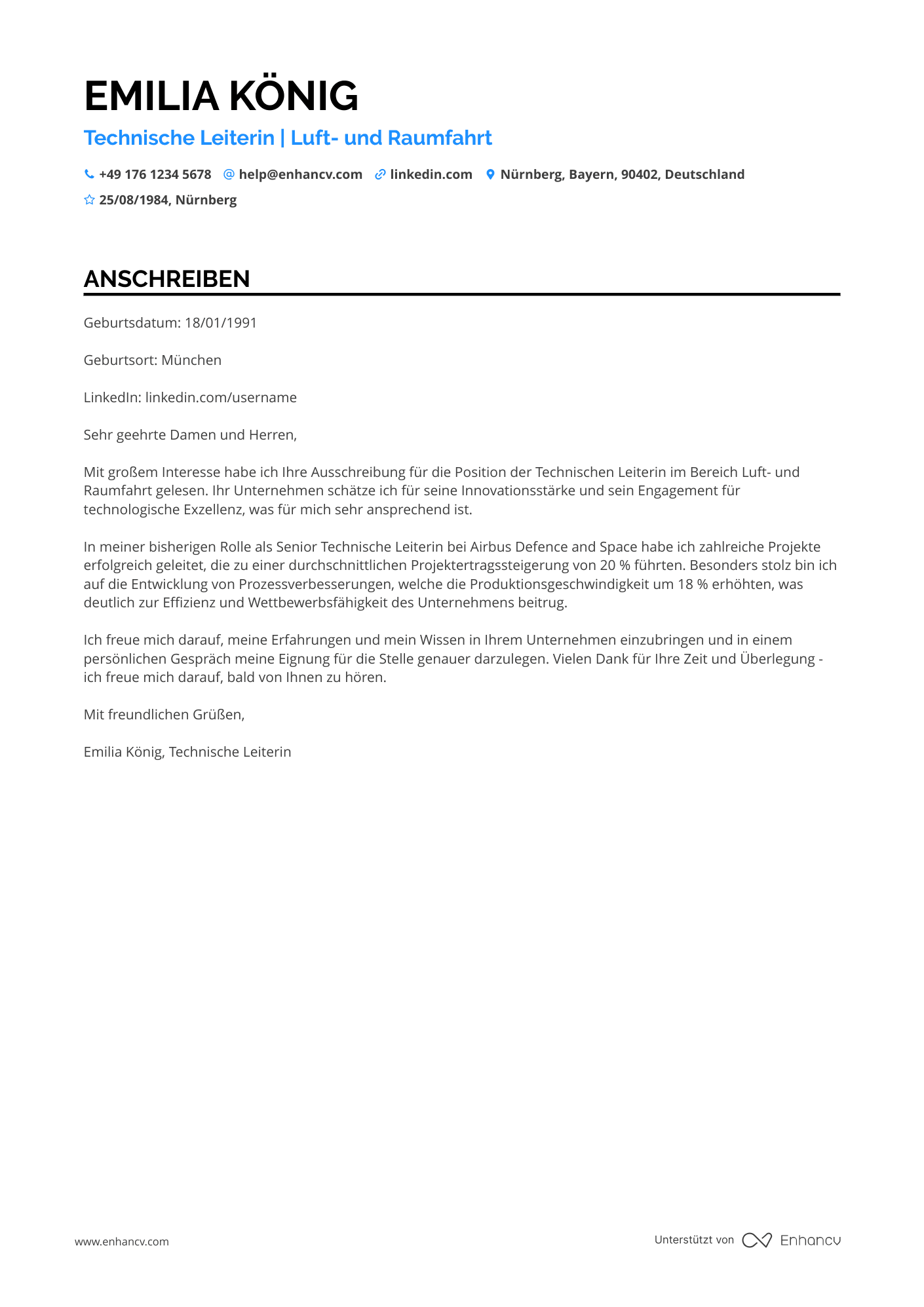 Technischer Leiter in der Luft  und Raumfahrt Resume Example