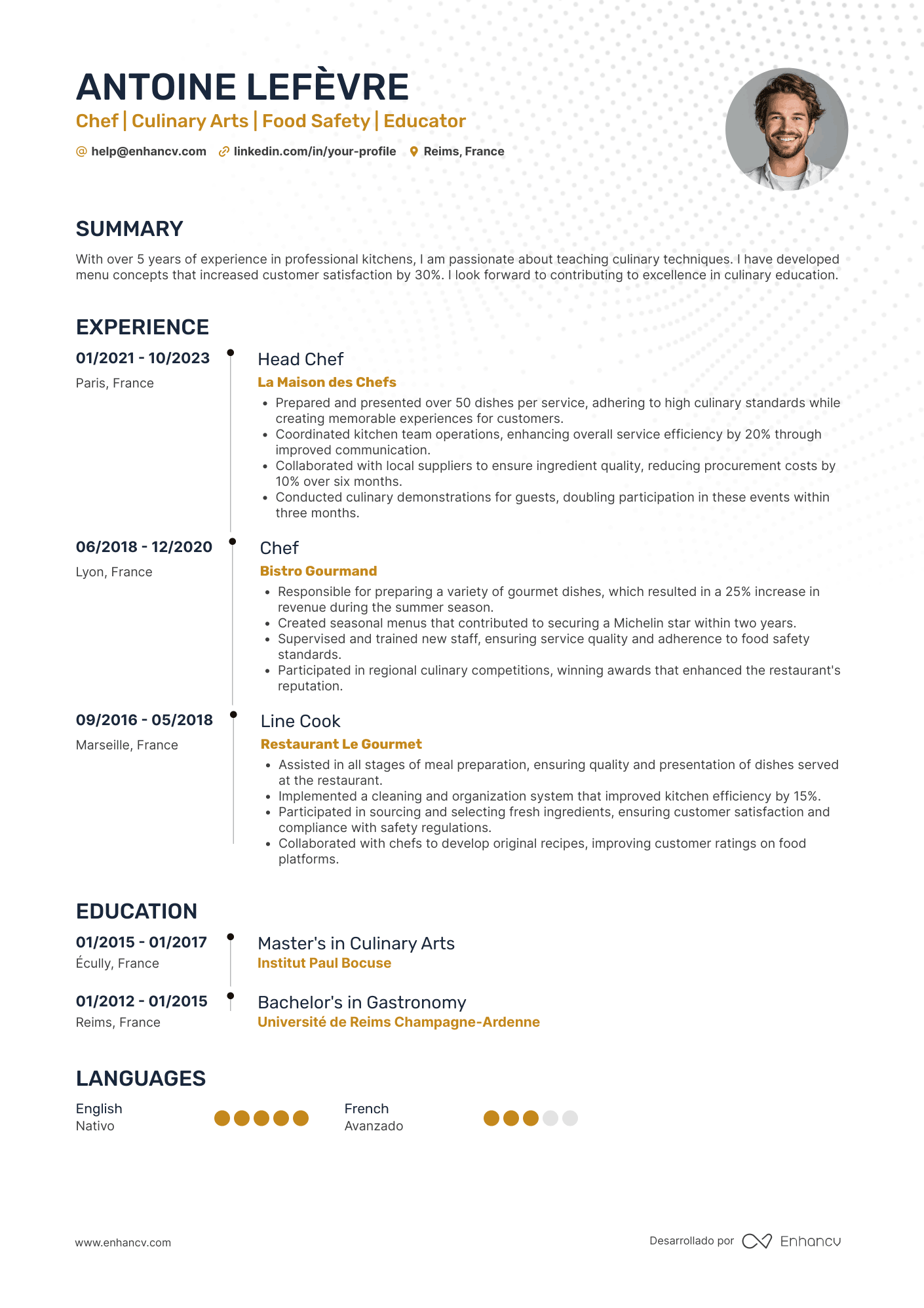 Bonus : CV en anglais de cuisinier Resume Example