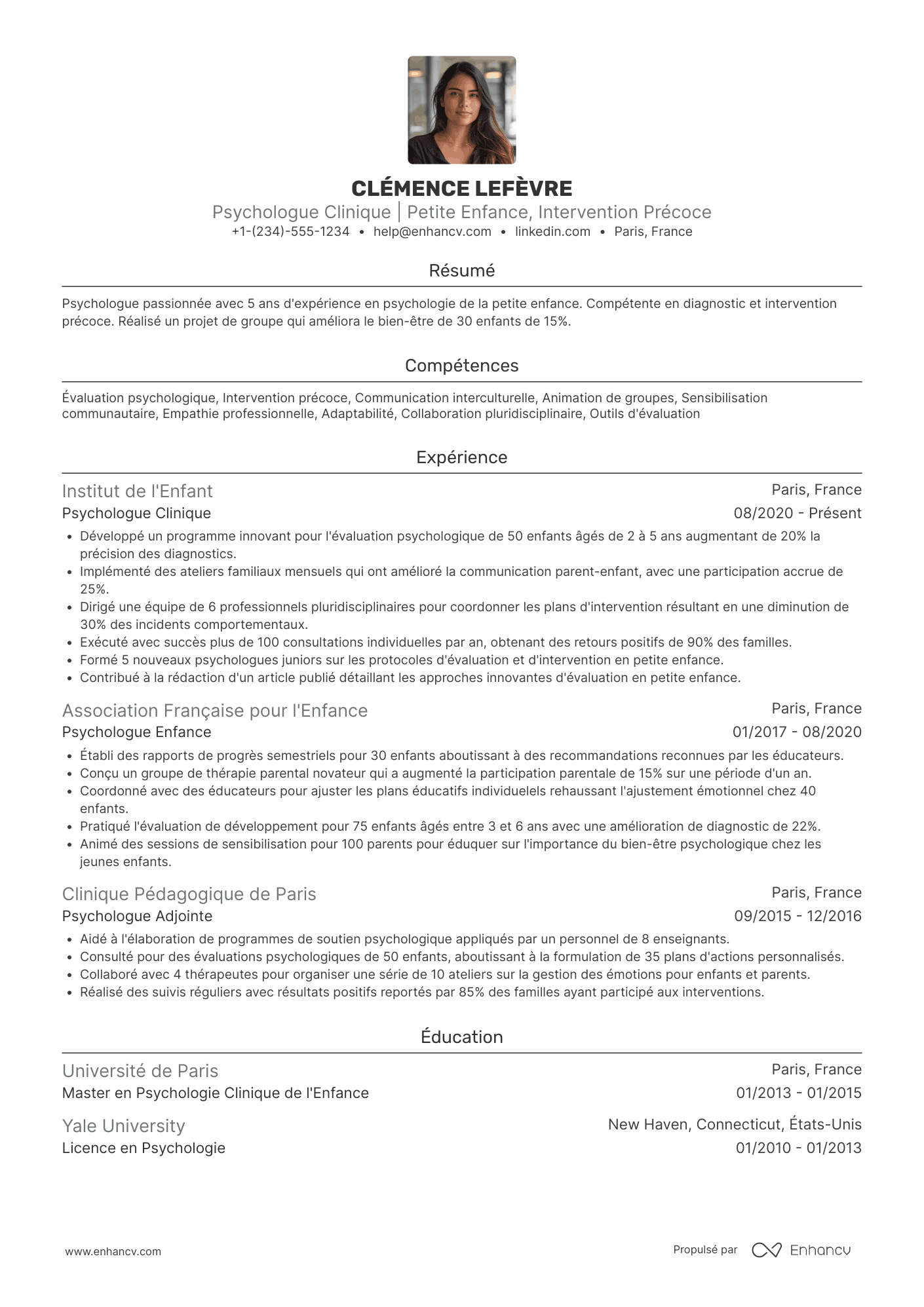 CV de psychologue pour la petite enfance Resume Example