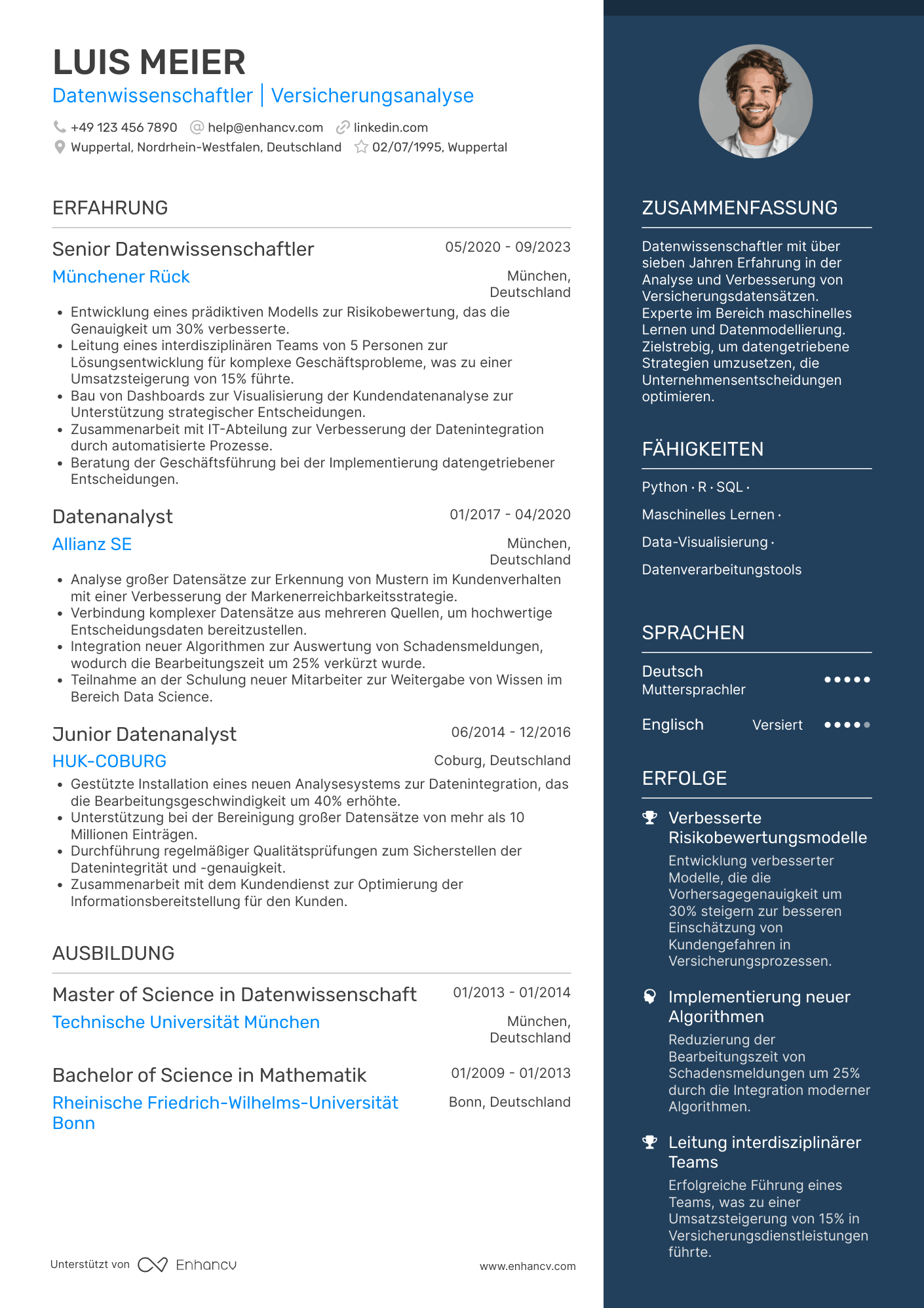 Lebenslauf in Datenwissenschaftler für Versicherungsbranche Resume Example
