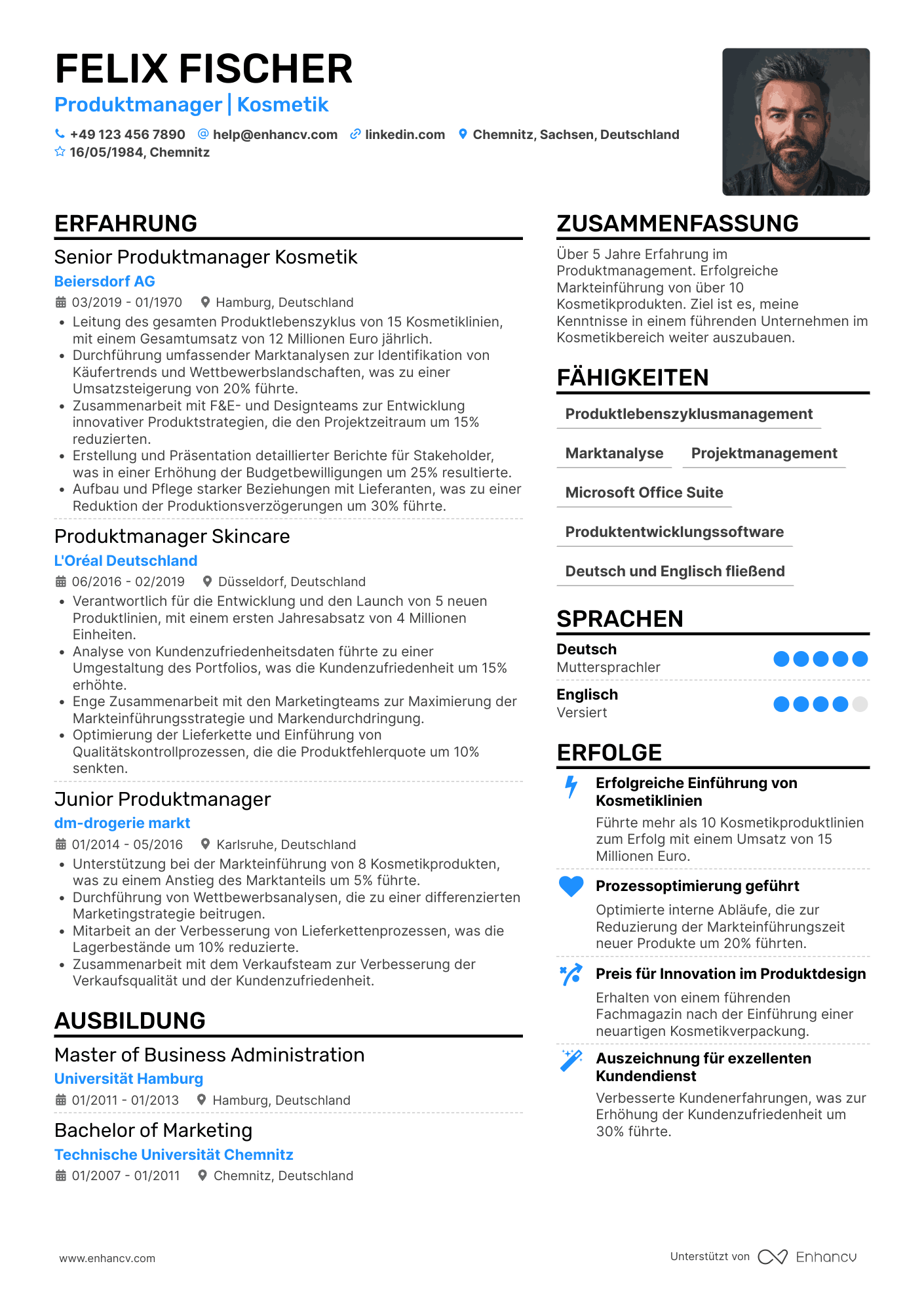 Lebenslauf als Produktmanager für Kosmetik Resume Example