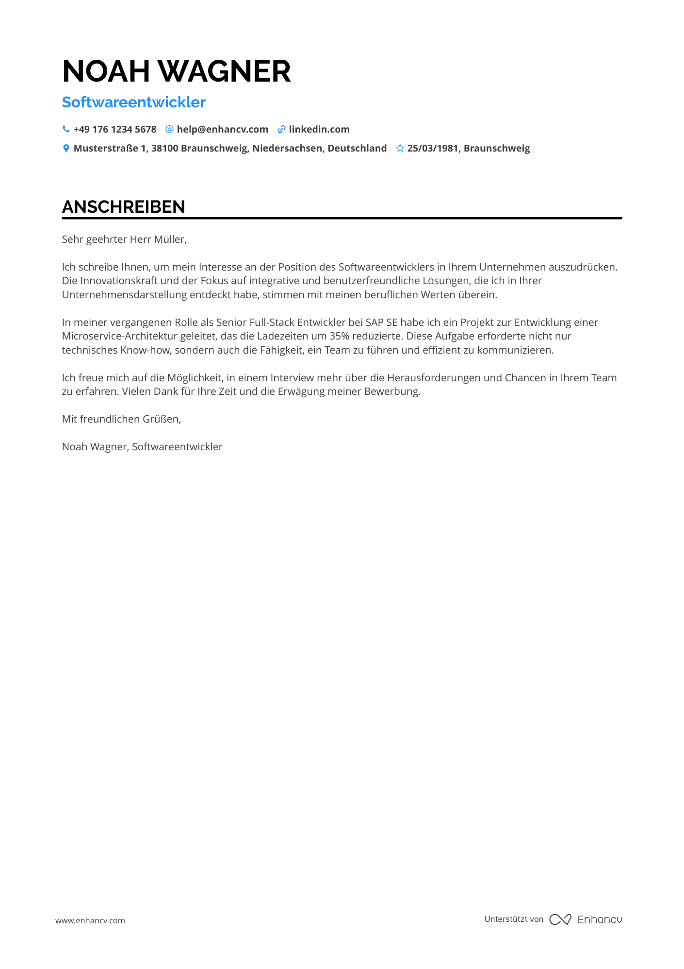Softwareentwickler für Full Stack Entwicklung Resume Example