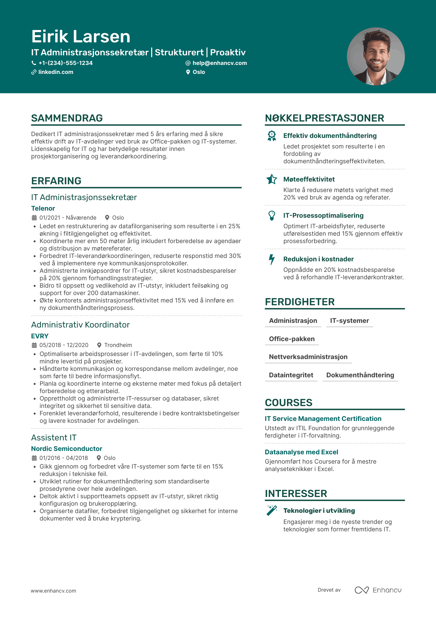 CV for IT Administrasjonssekretær Resume Example