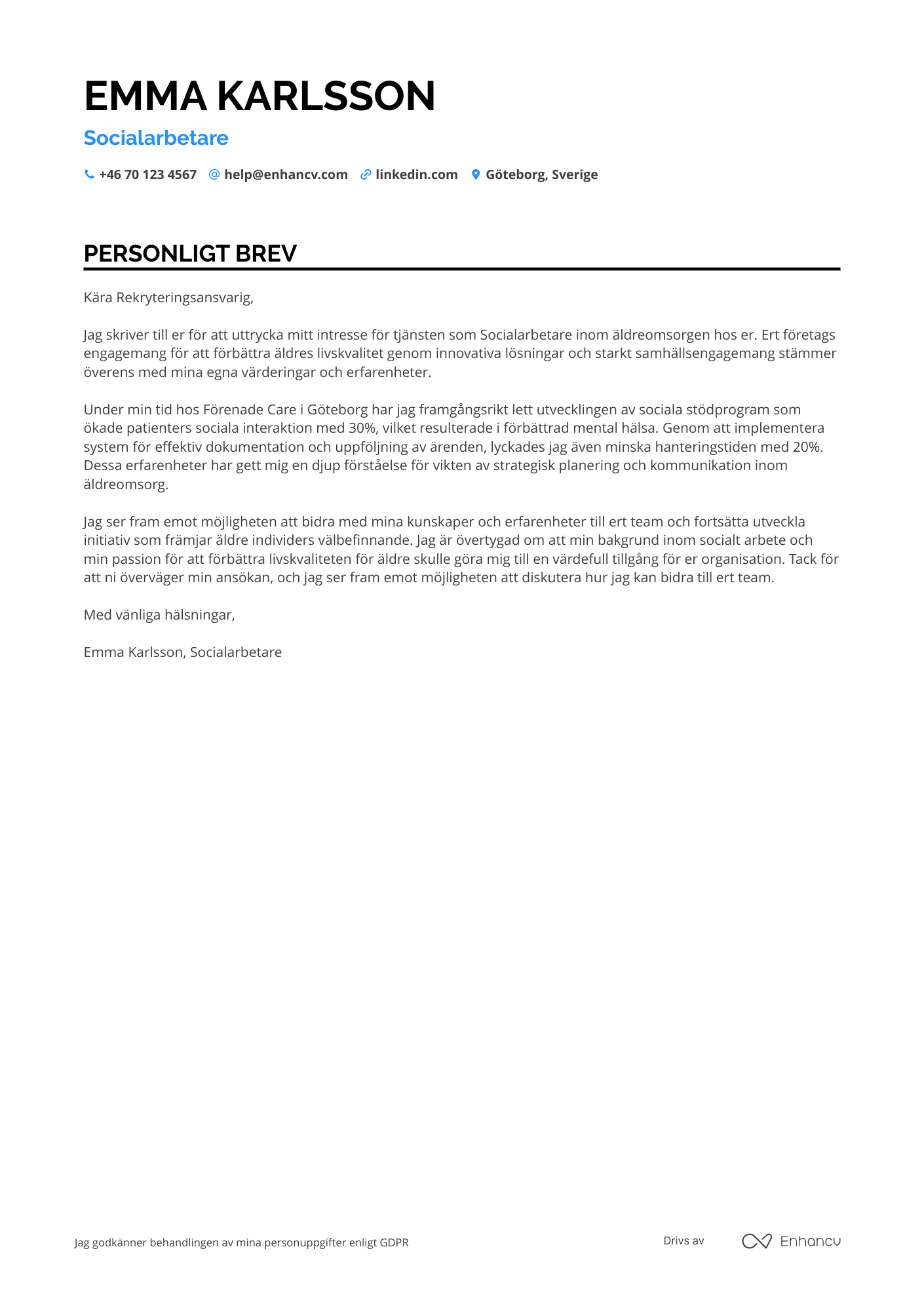 Personligt brev för Socialarbetare inom äldrevård Resume Example