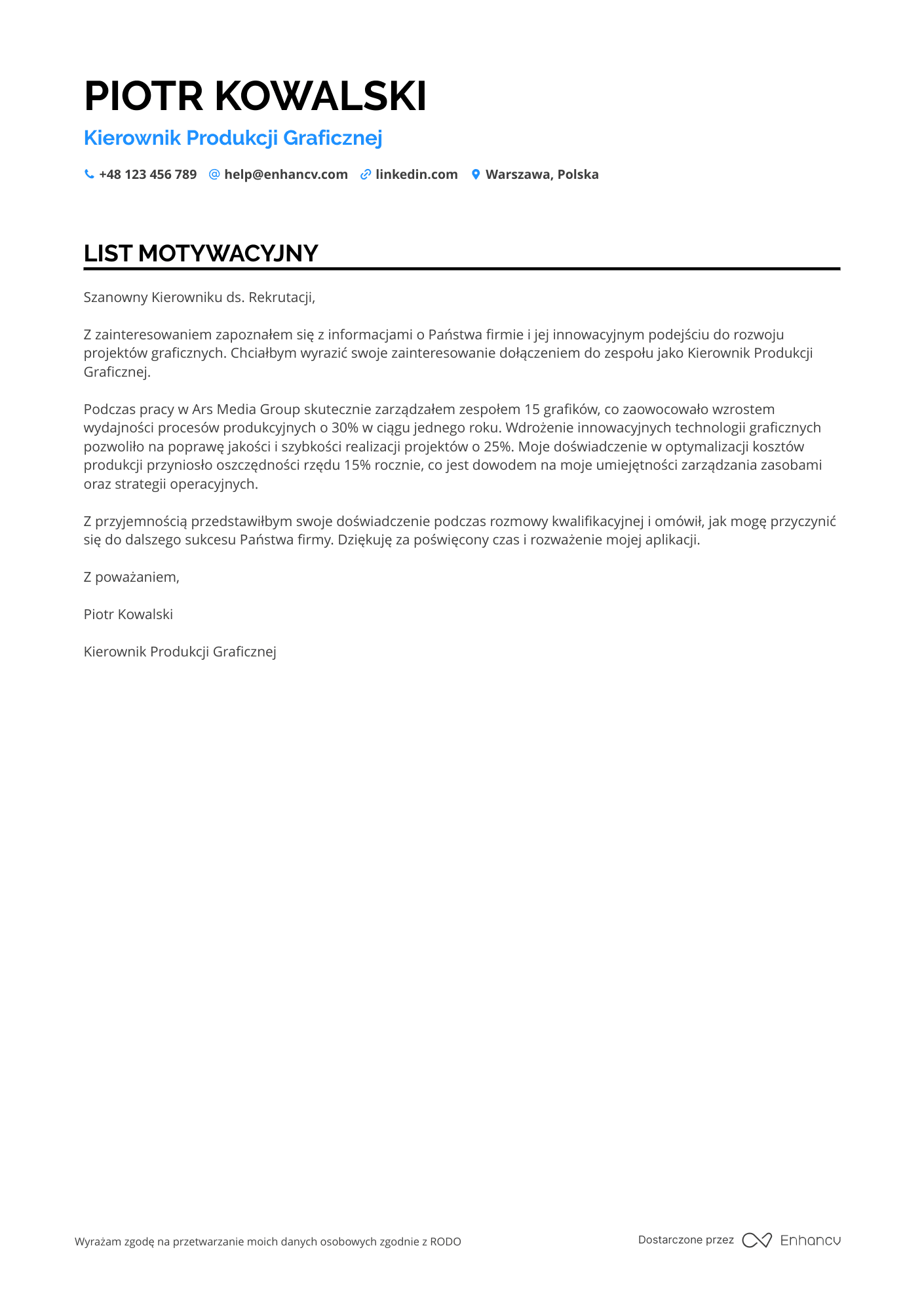List motywacyjny dla Kierownik produkcji graficznej Resume Example