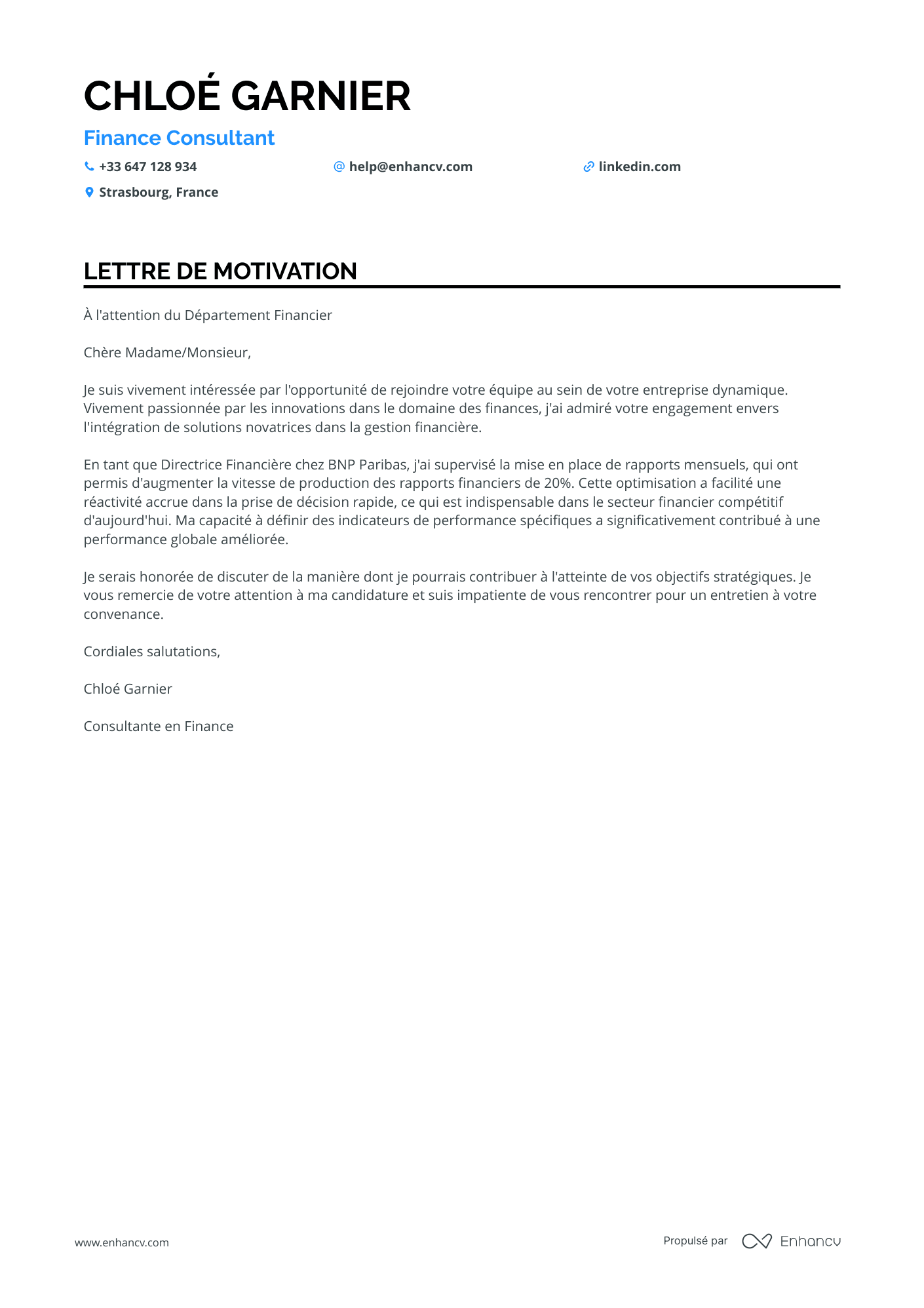 Consultant en Finance Resume Example