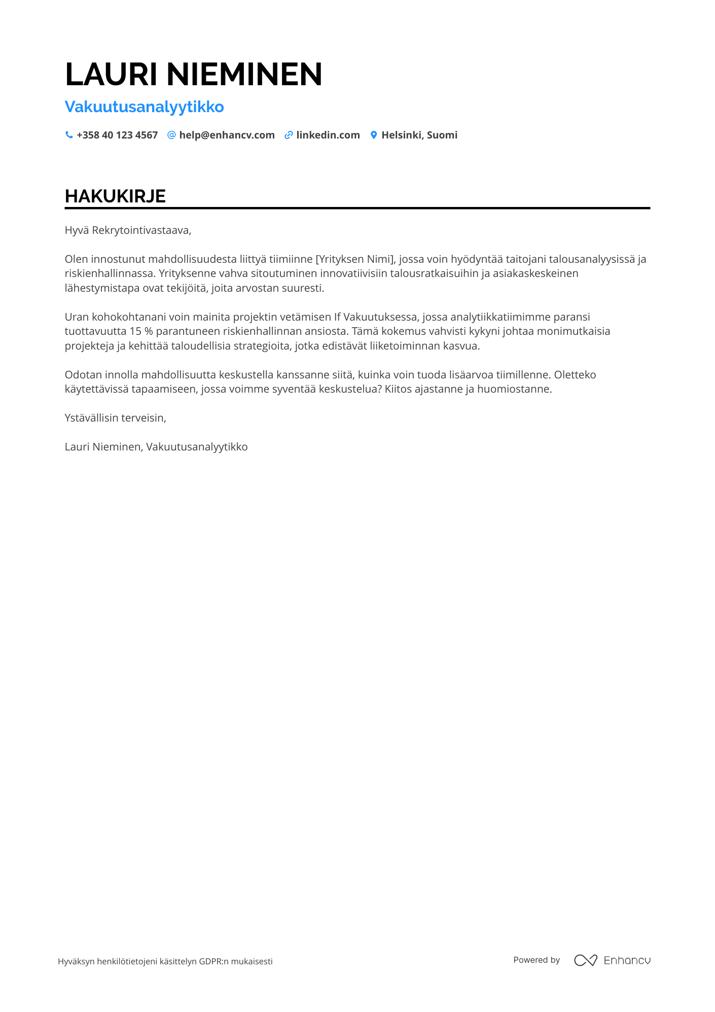 Hakukirje Vakuutusanalyytikko Talousanalyytikko Resume Example
