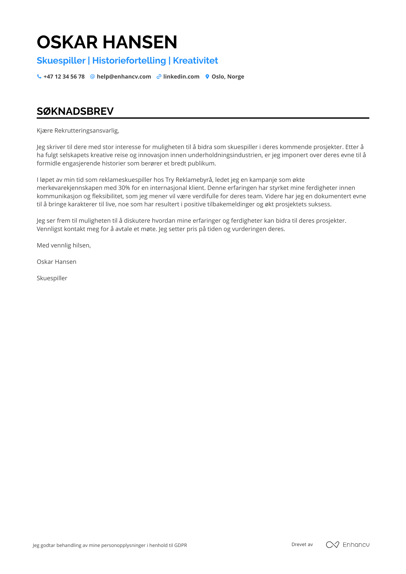 Søknadsbrev for Reklameskuespiller Resume Example