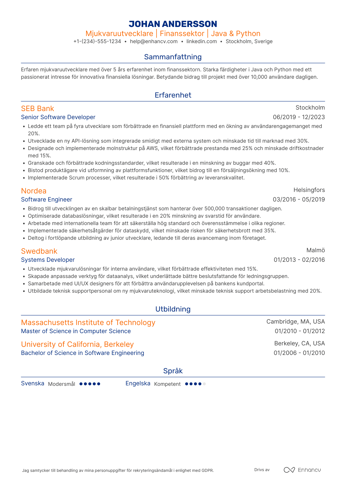CV för Mjukvaruutvecklare Finanssektor Resume Example