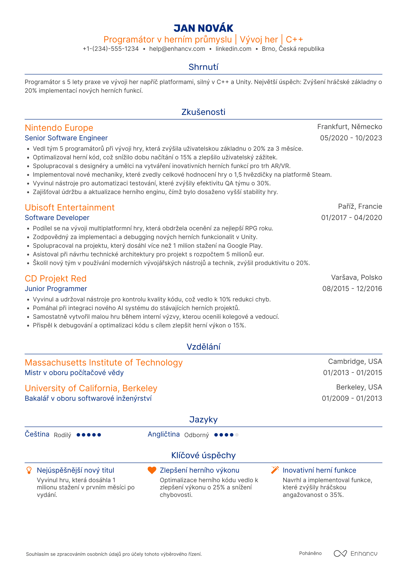 Životopis pro Programátor v herním průmyslu Resume Example