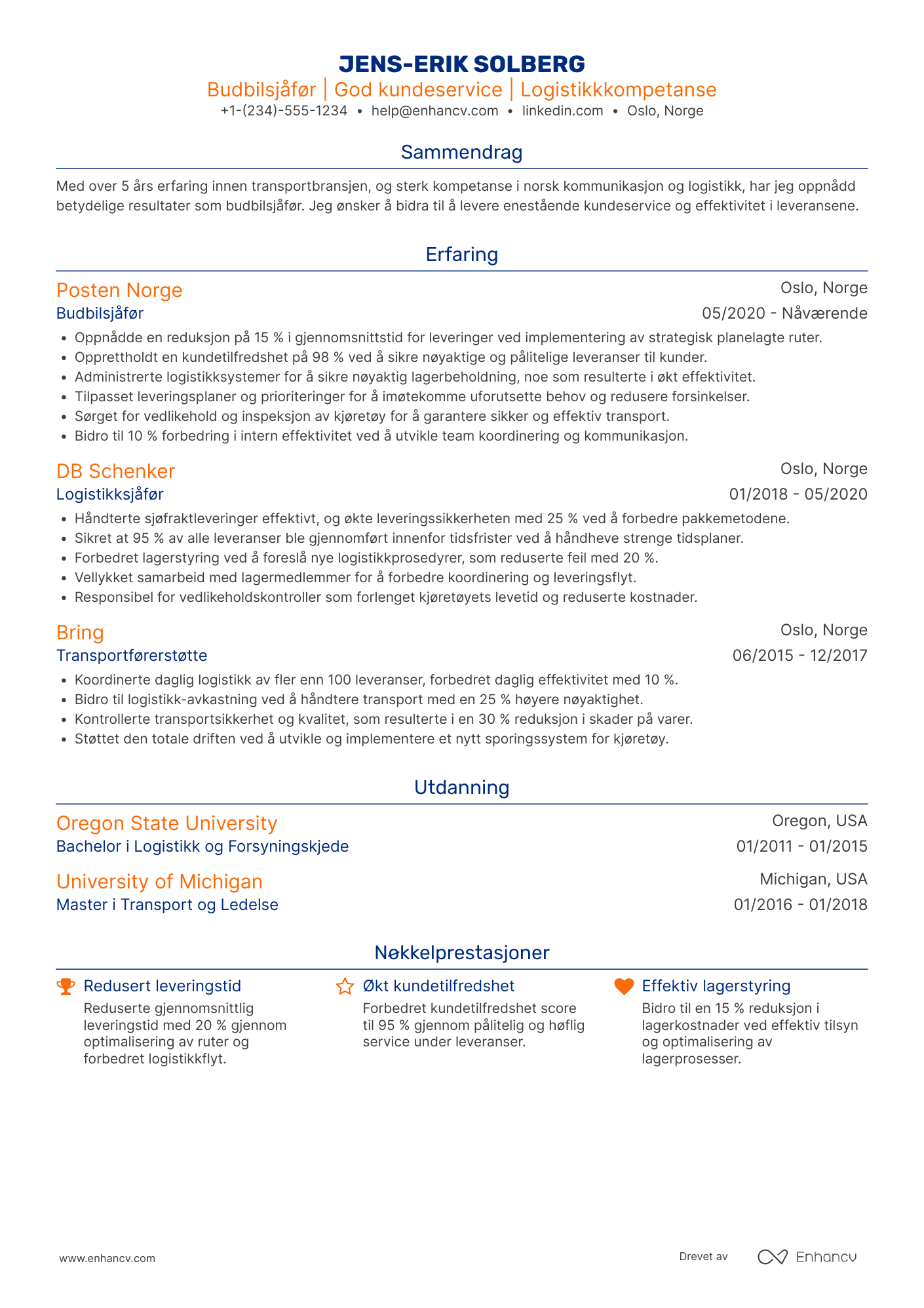 CV for Spedisjon Budbilsjåfør Resume Example