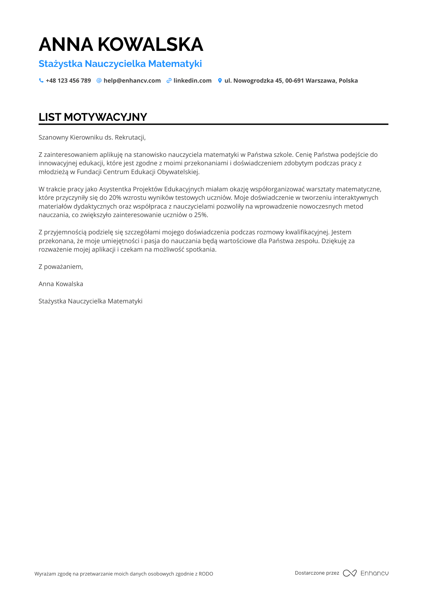 List motywacyjny dla Nauczyciel Matematyki Stażysta Resume Example