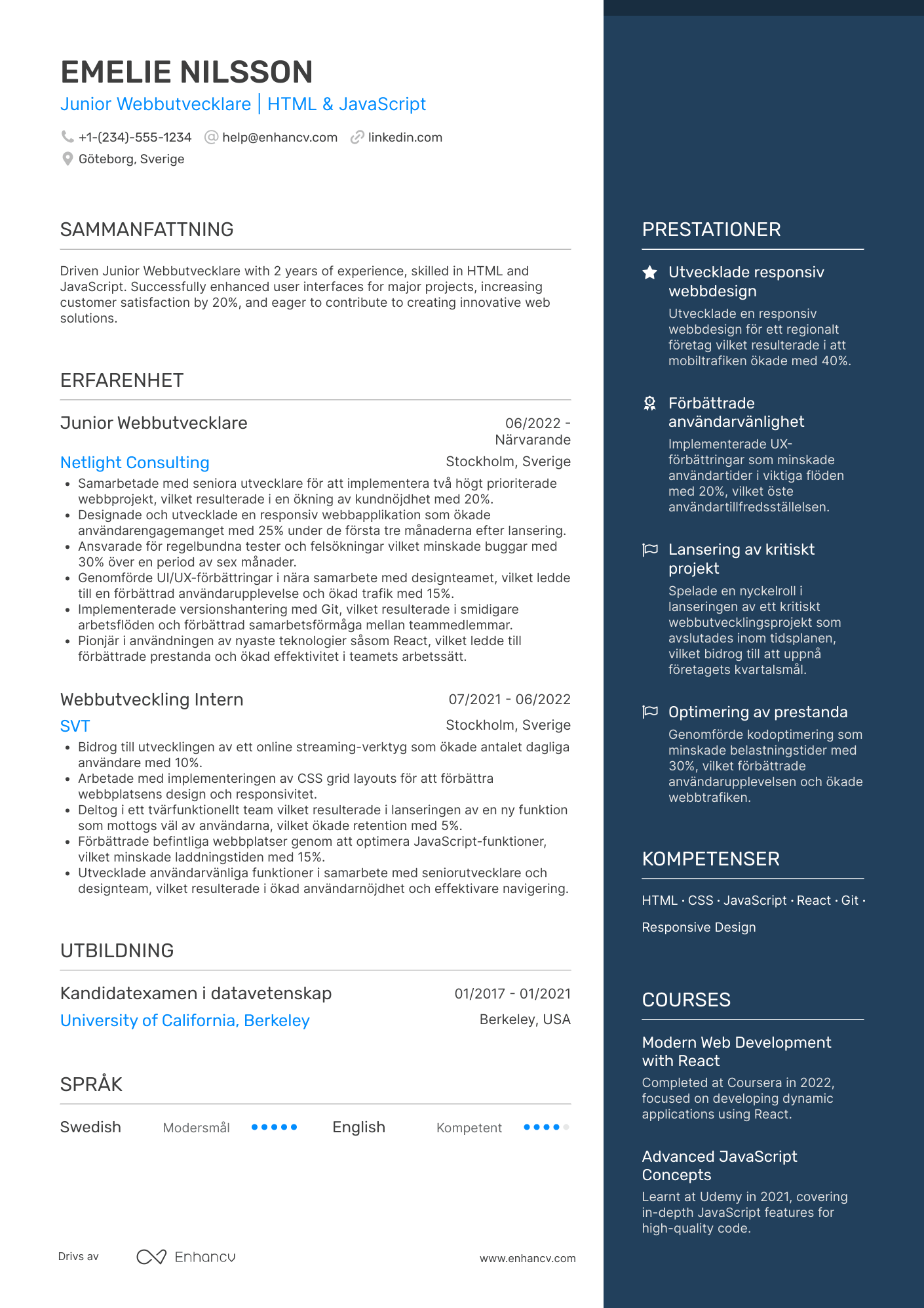 CV för Junior Webbutvecklare Resume Example