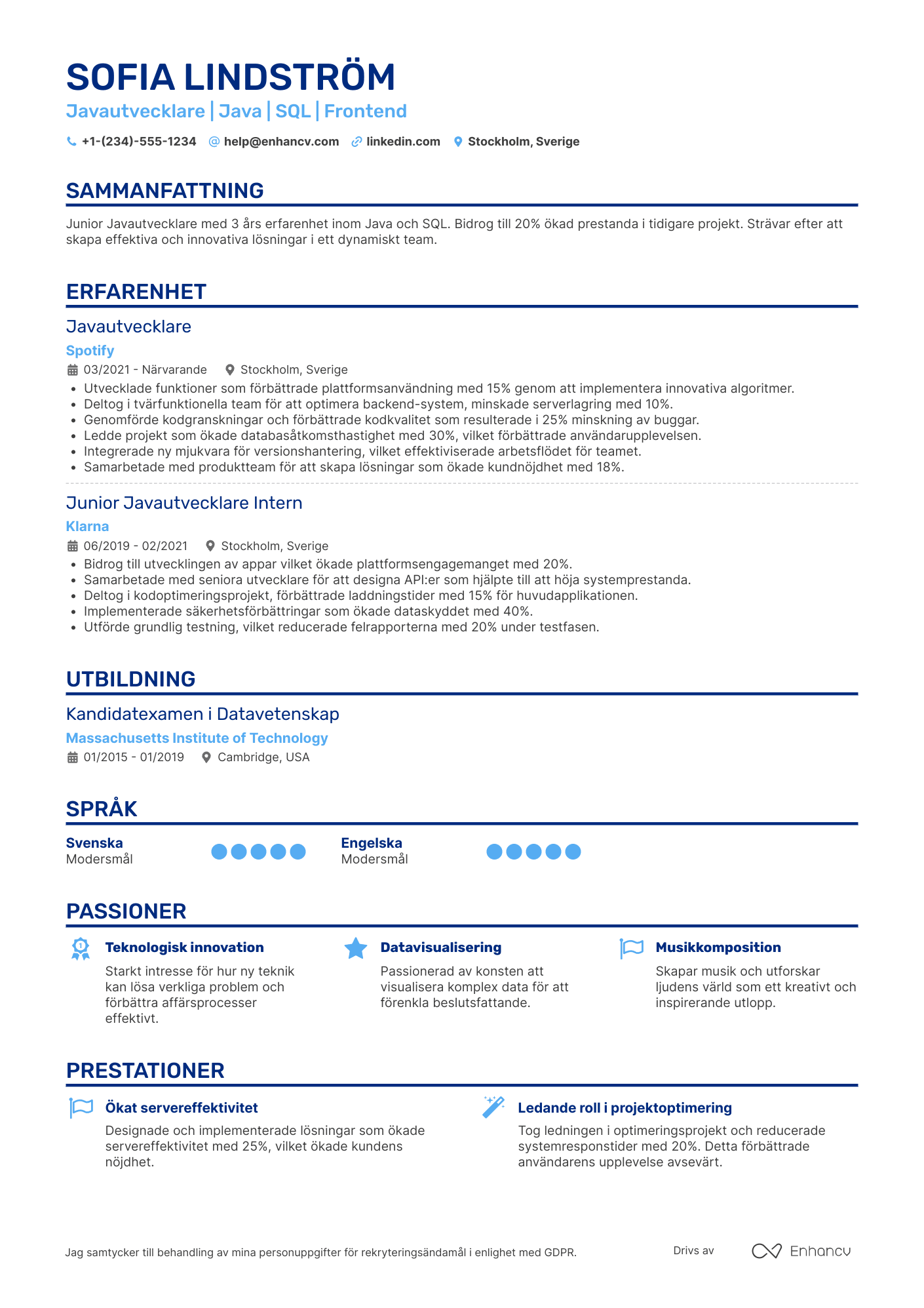 CV för Junior Javautvecklare Resume Example
