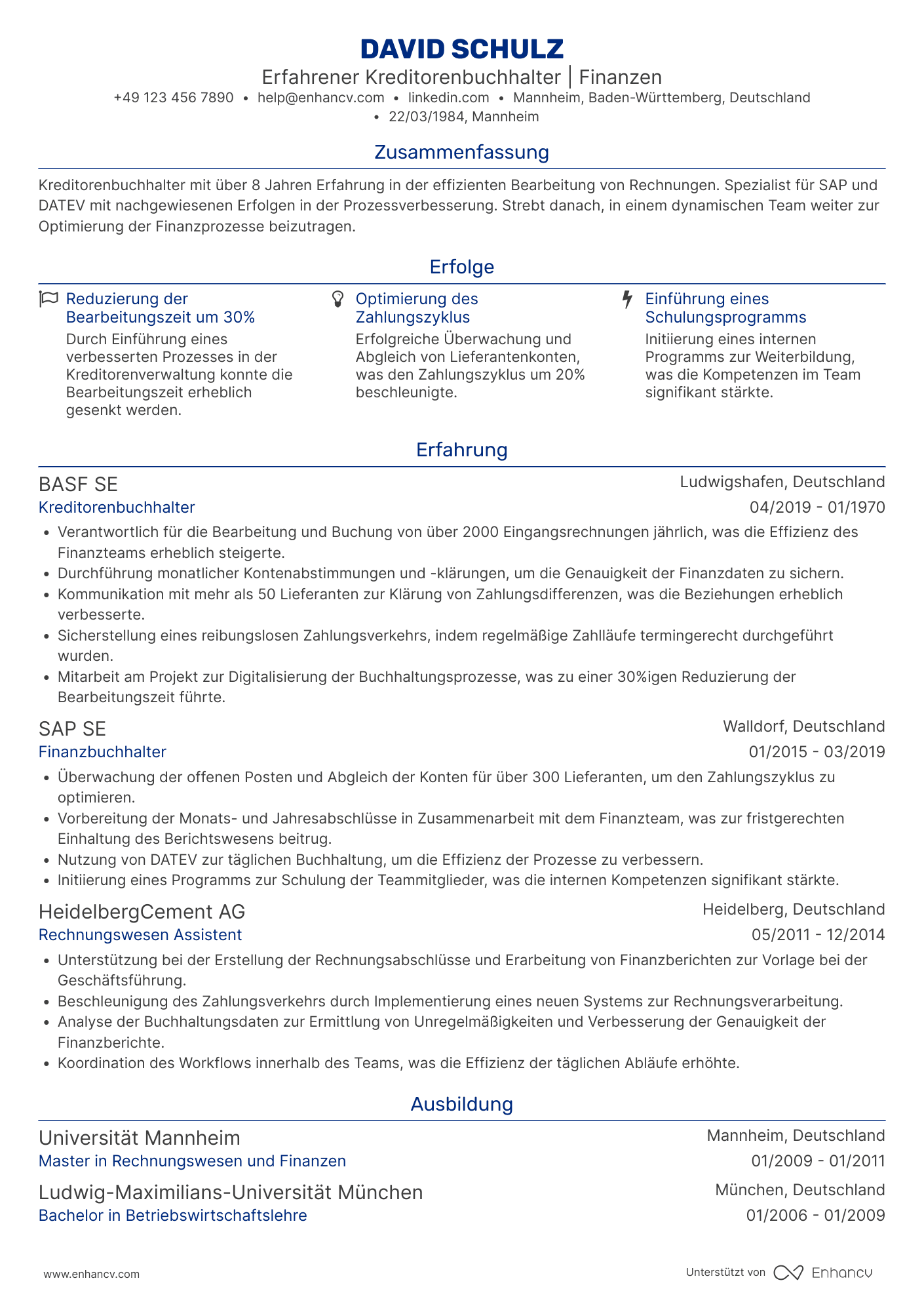 Lebenslauf als Buchhalter für Kreditoren Resume Example