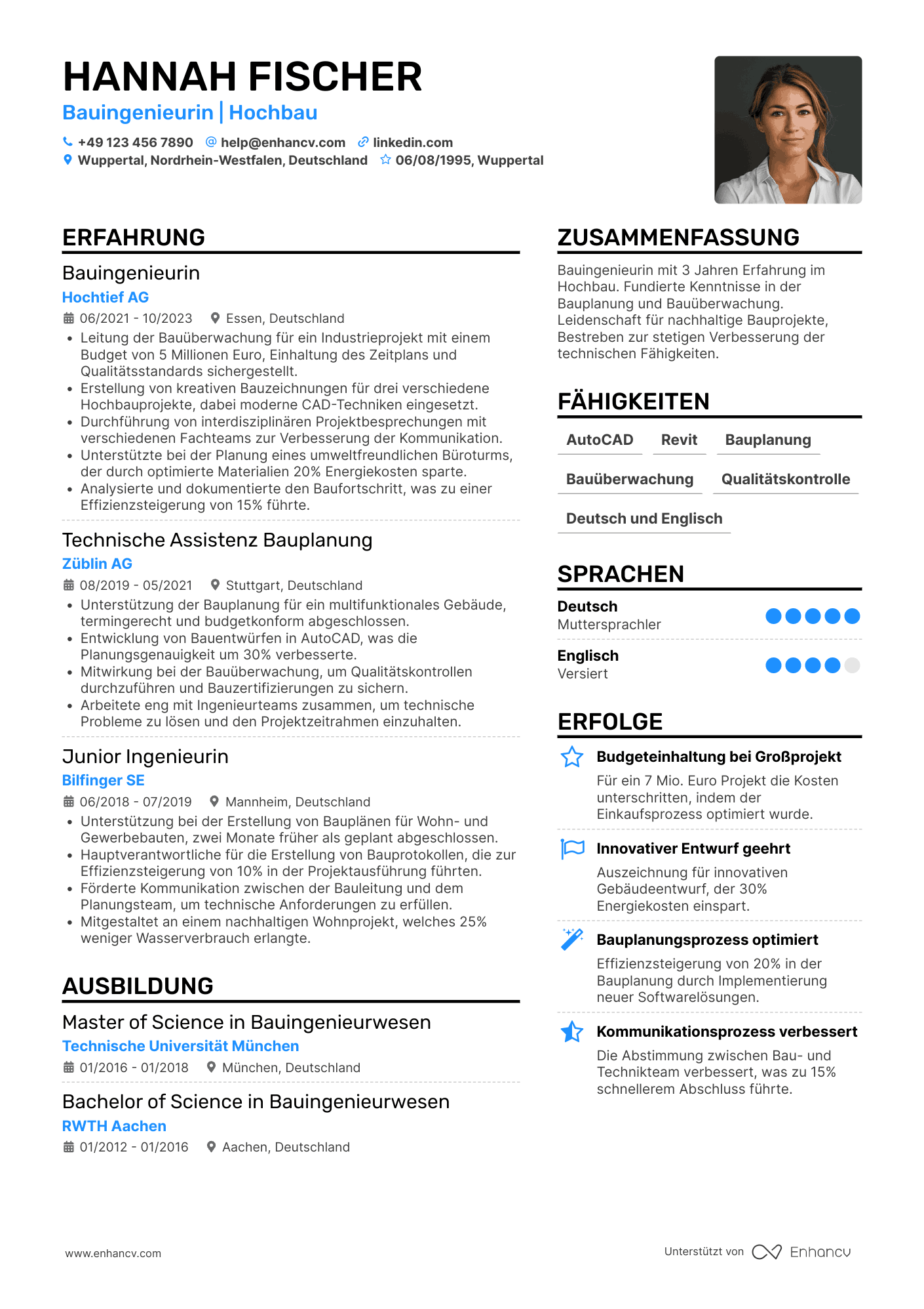 Lebenslauf als Einstiegsposition als Bauingenieur Resume Example