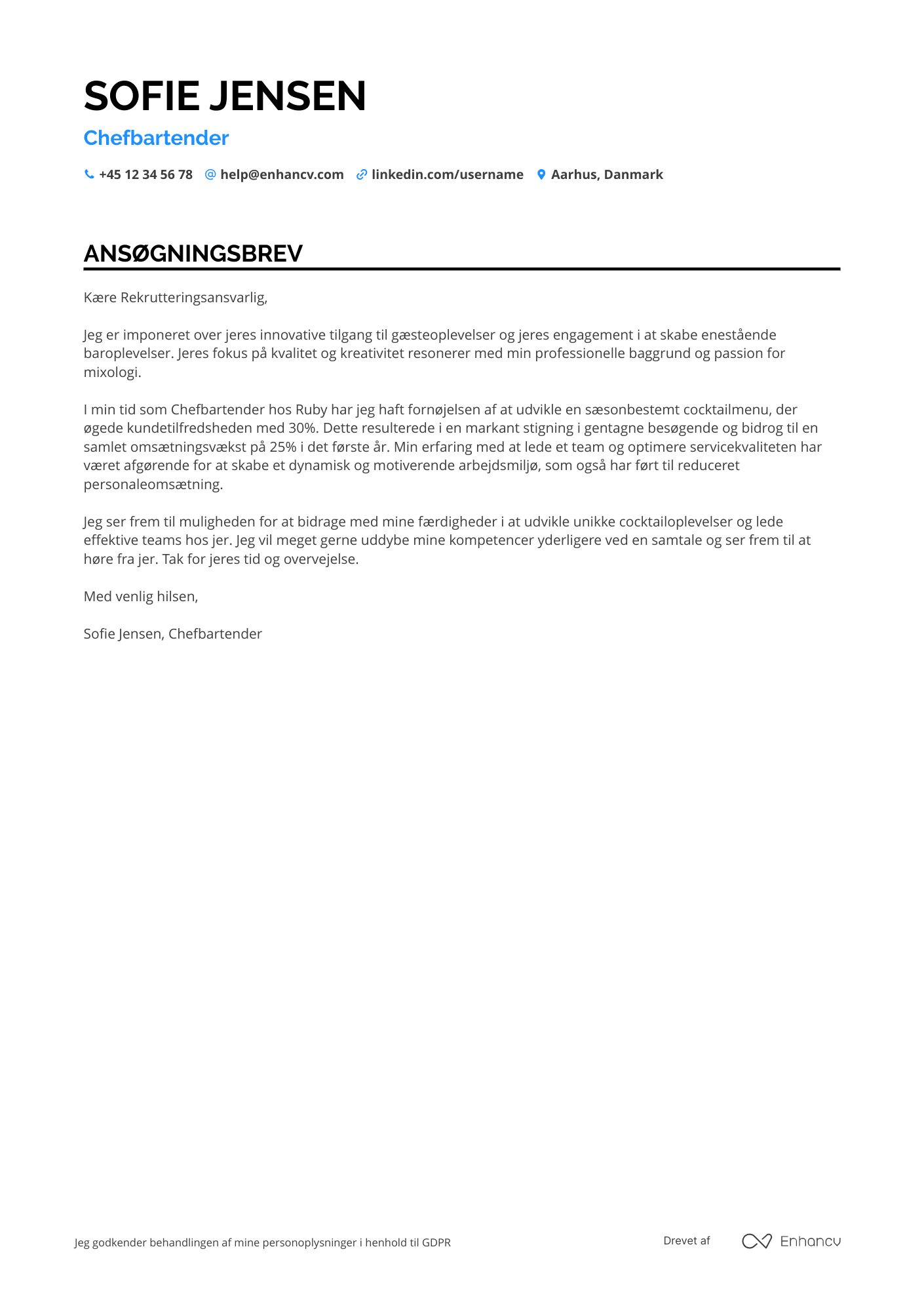 Ansøgningsbrev til Chefbartender Resume Example