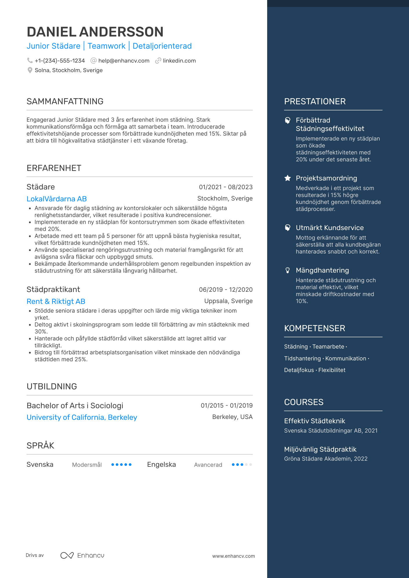 CV för Junior Städare Resume Example