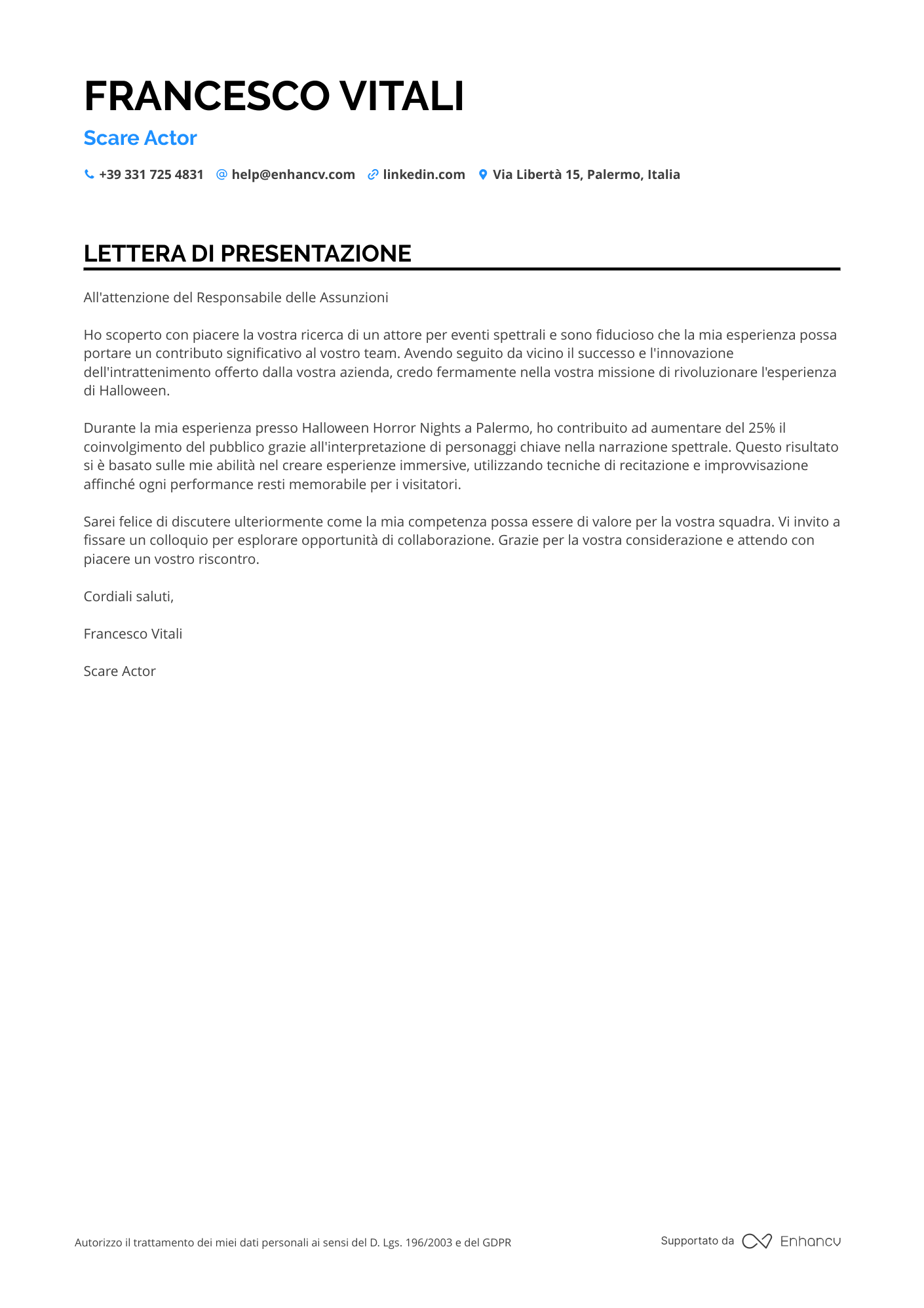 Attore Televisivo Resume Example
