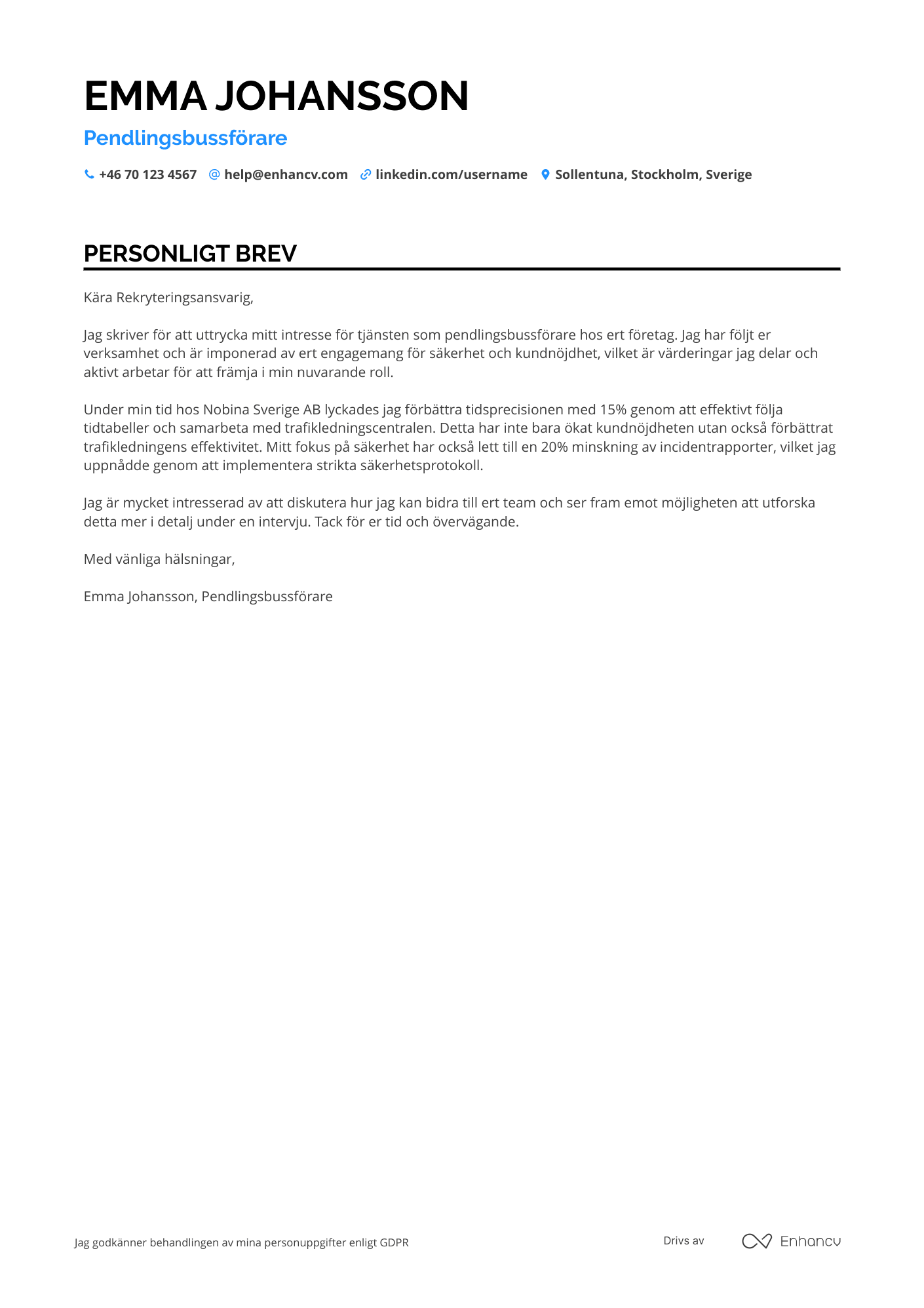 Personligt brev för Pendlingsbussförare Resume Example