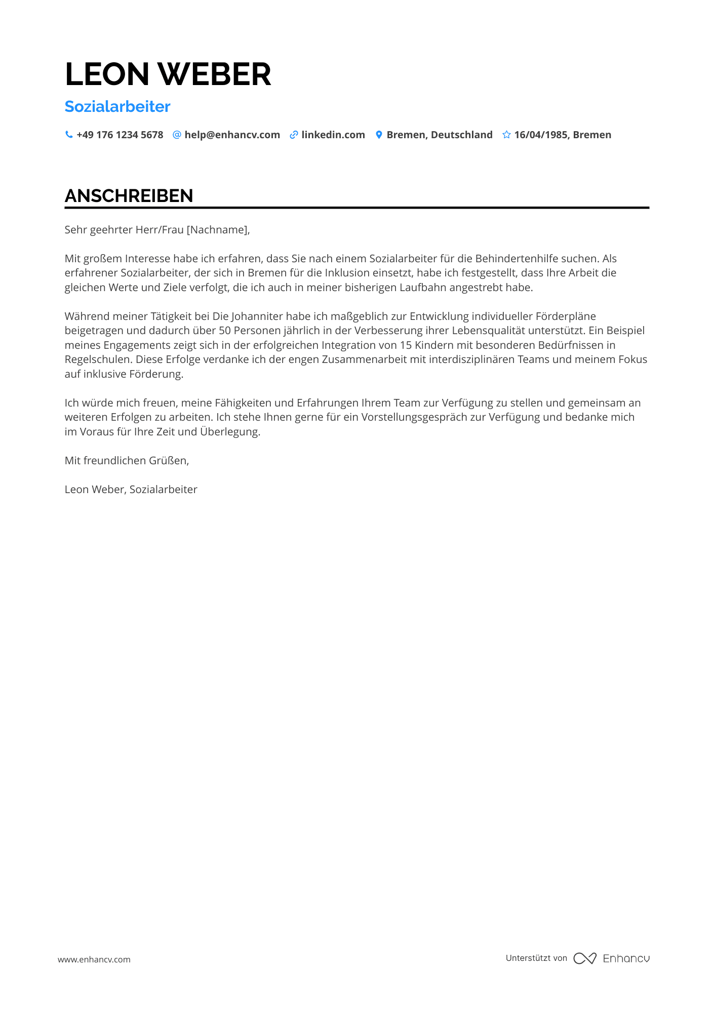 Sozialarbeiter in der Behindertenhilfe Resume Example