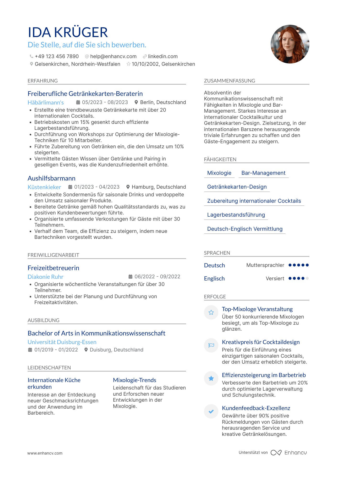 Lebenslauf als Barmann mit internationaler Erfahrung Resume Example
