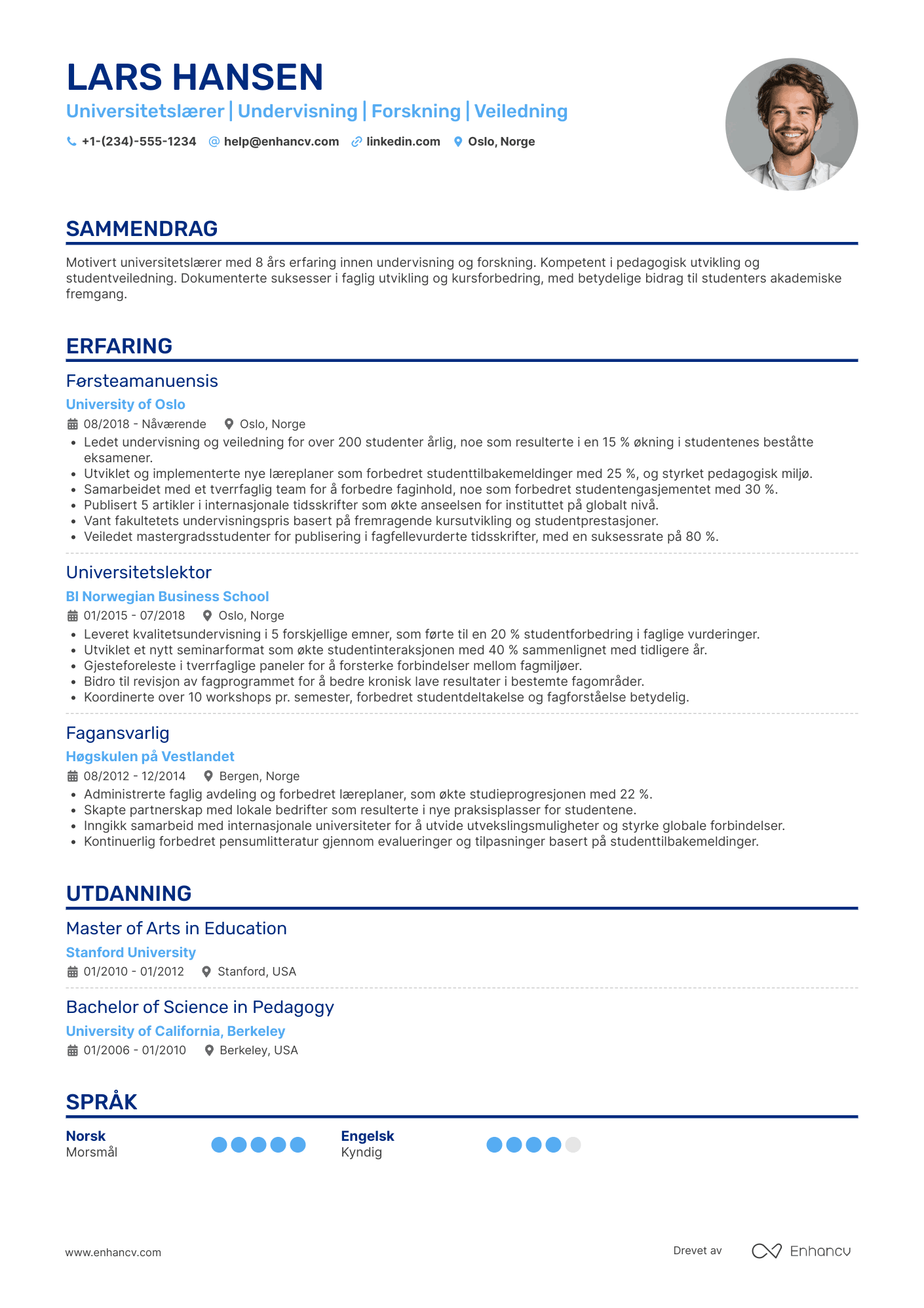 CV for Universitetslærer Resume Example