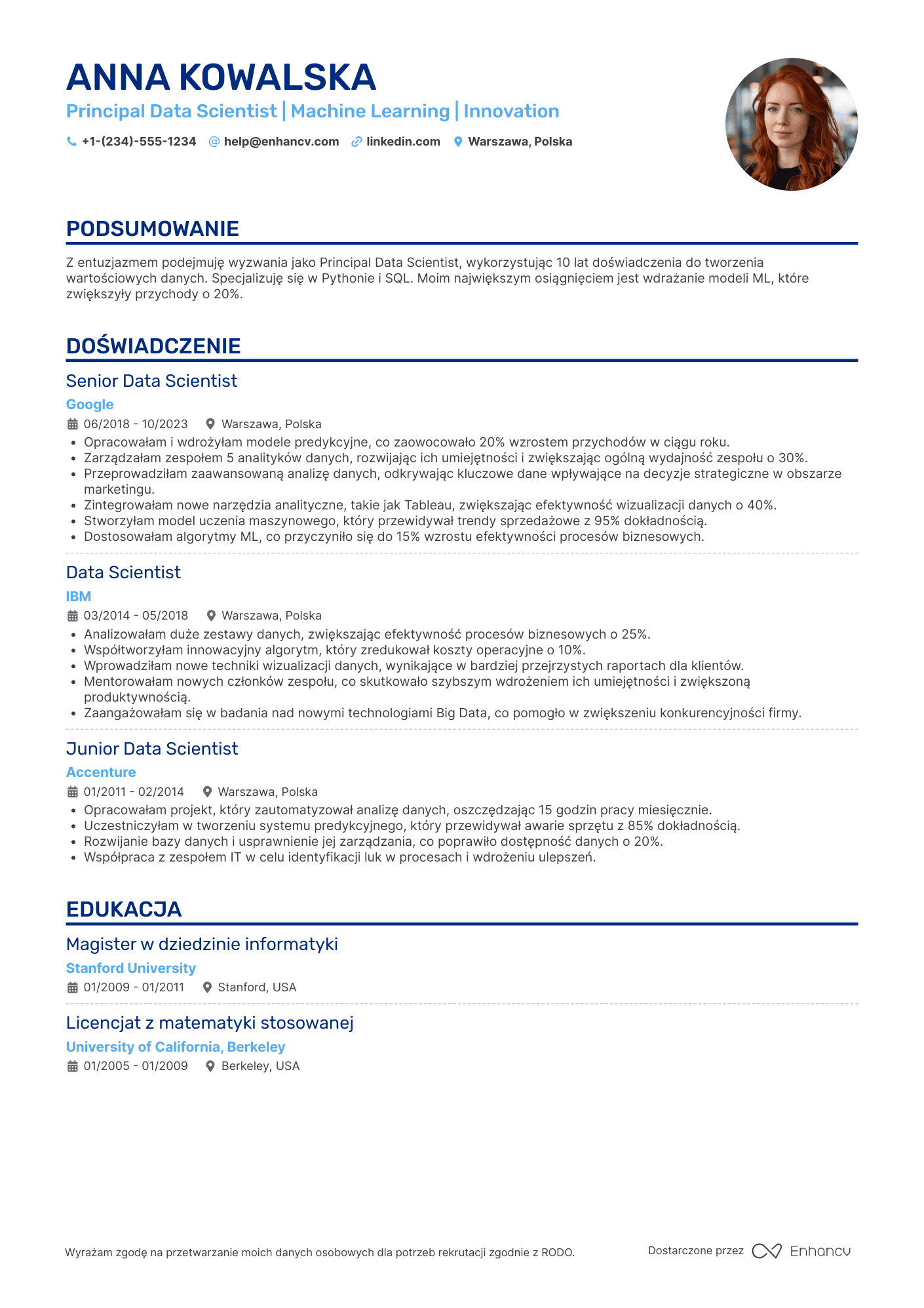 CV dla Principal Data Scientist Resume Example