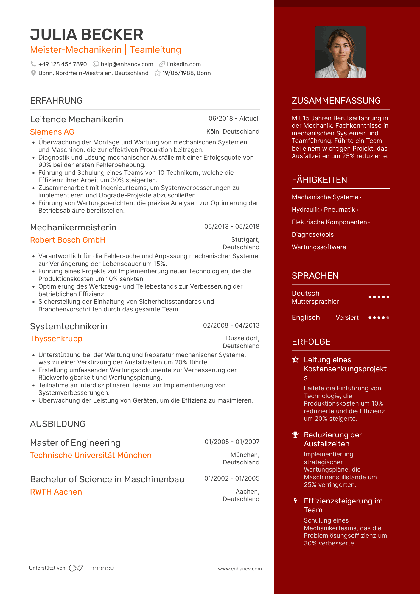 Lebenslauf als Meister Mechaniker Resume Example