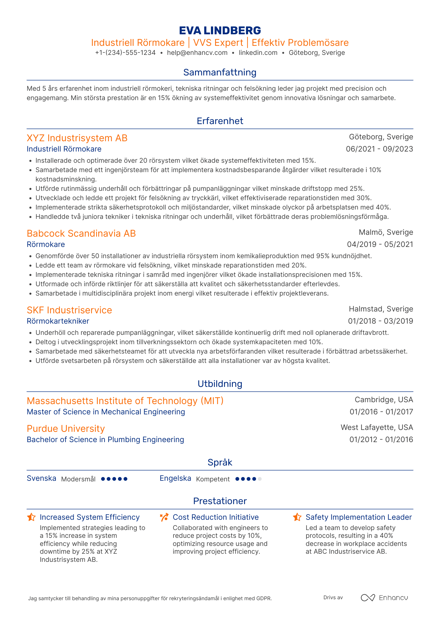 CV för Industriell Rörmokare Resume Example