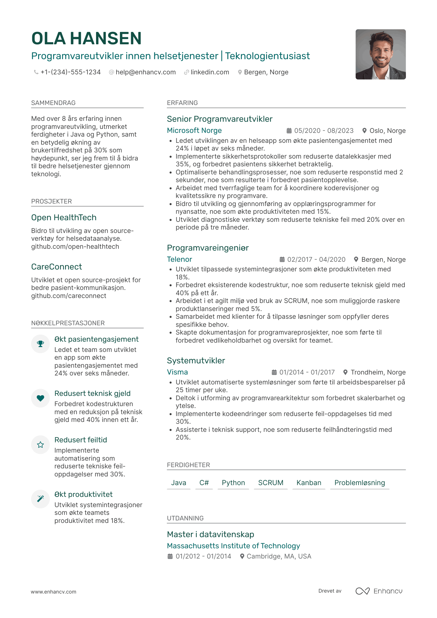CV for Programvareutvikler innen helsetjenester Resume Example