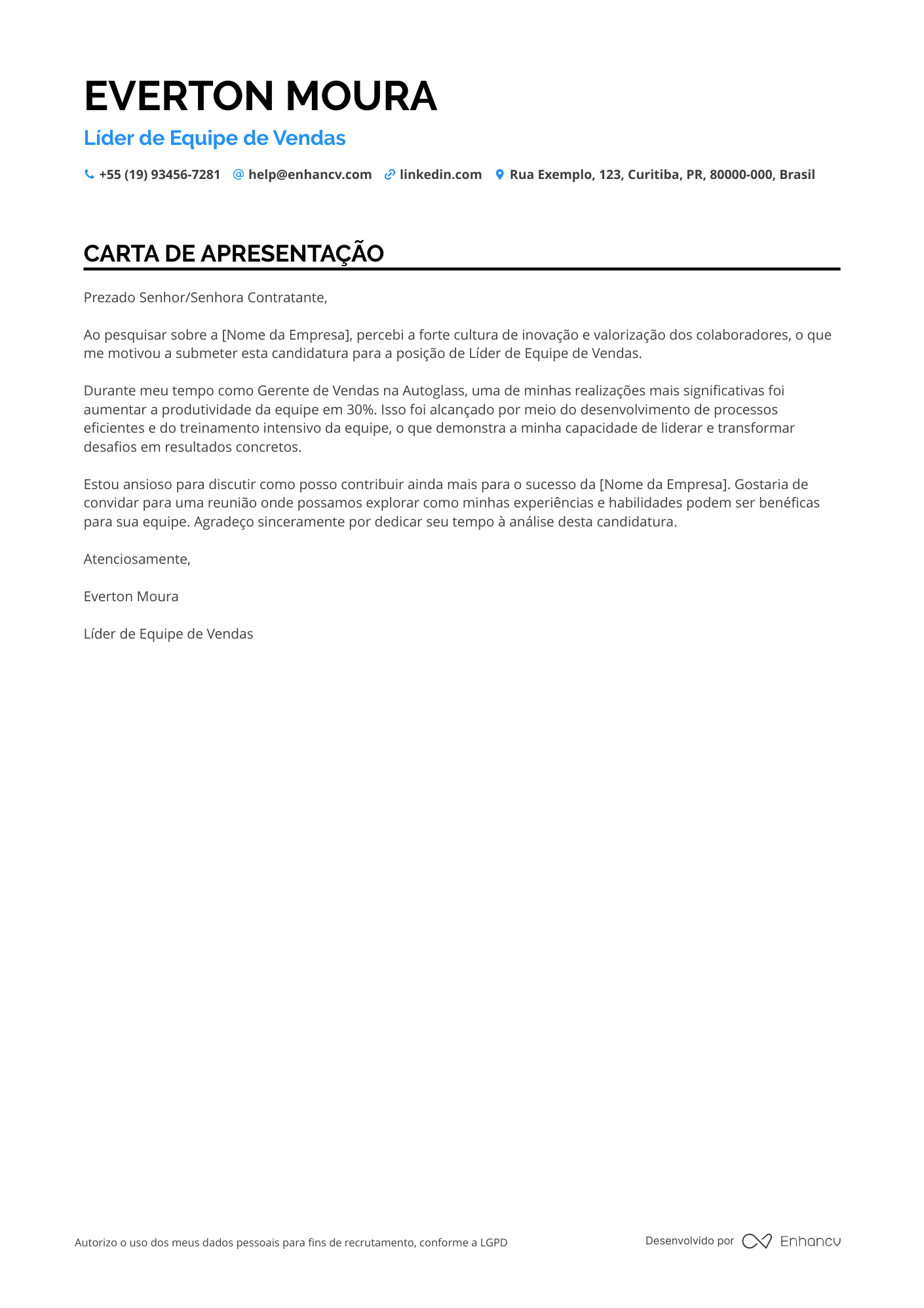 Supervisor de Vendas Resume Example
