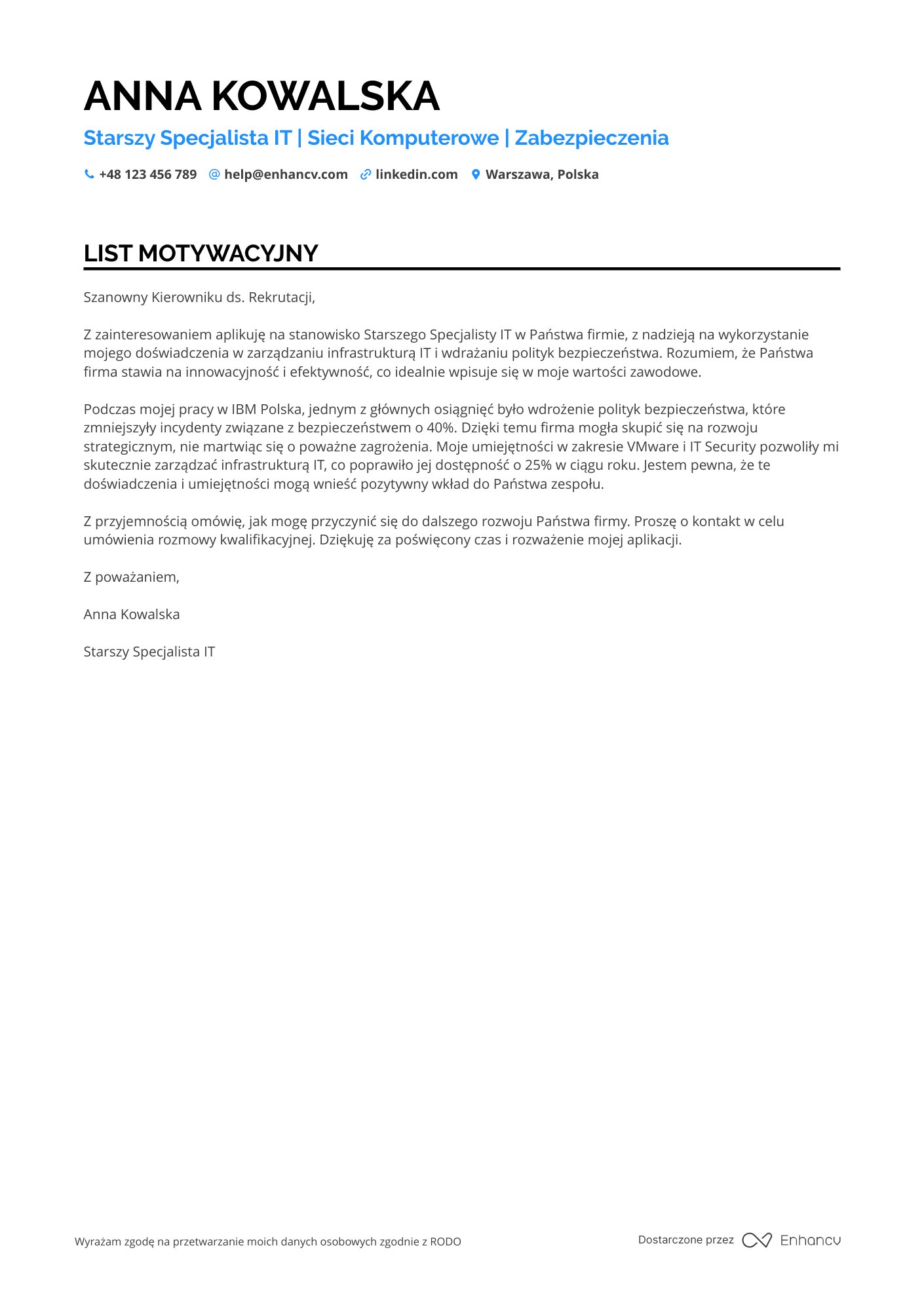 List motywacyjny dla Starszy Specjalista IT Resume Example