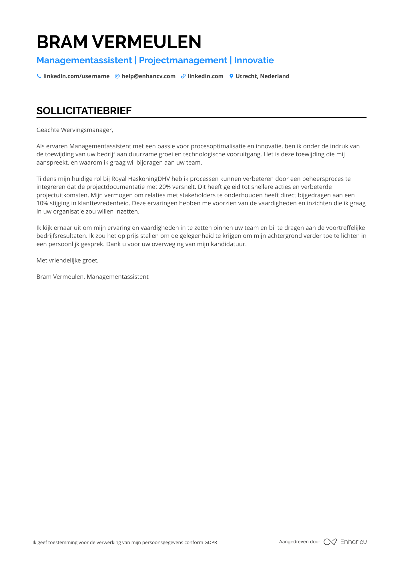 Sollicitatiebrief voor Managementassistent Projectmanagement Resume Example
