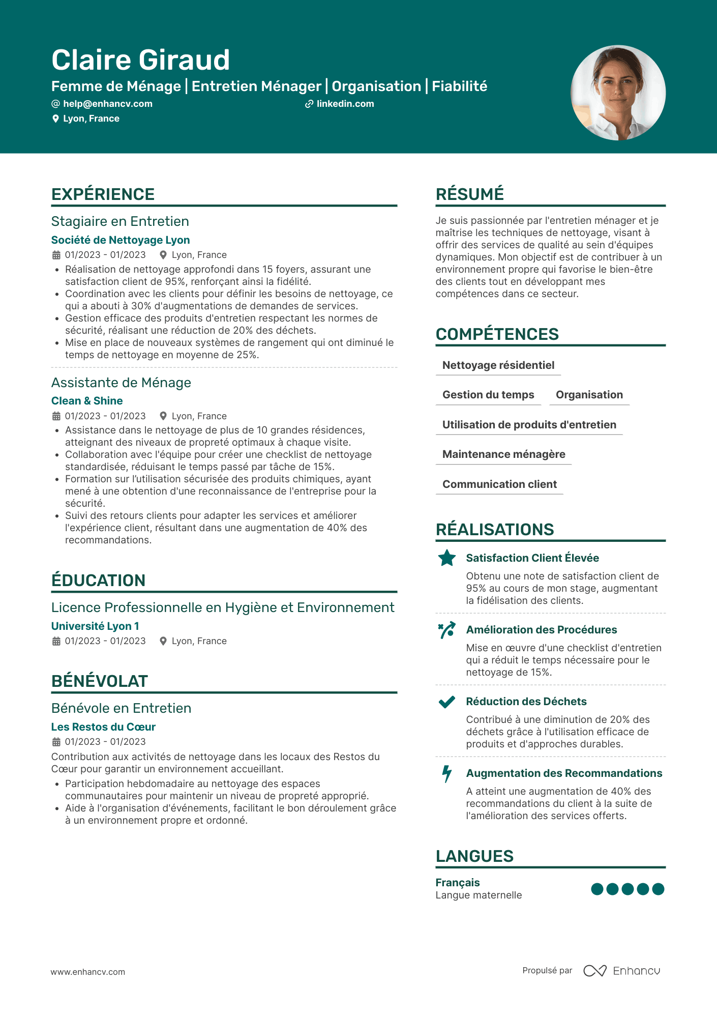 Femme de ménage à domicile Resume Example
