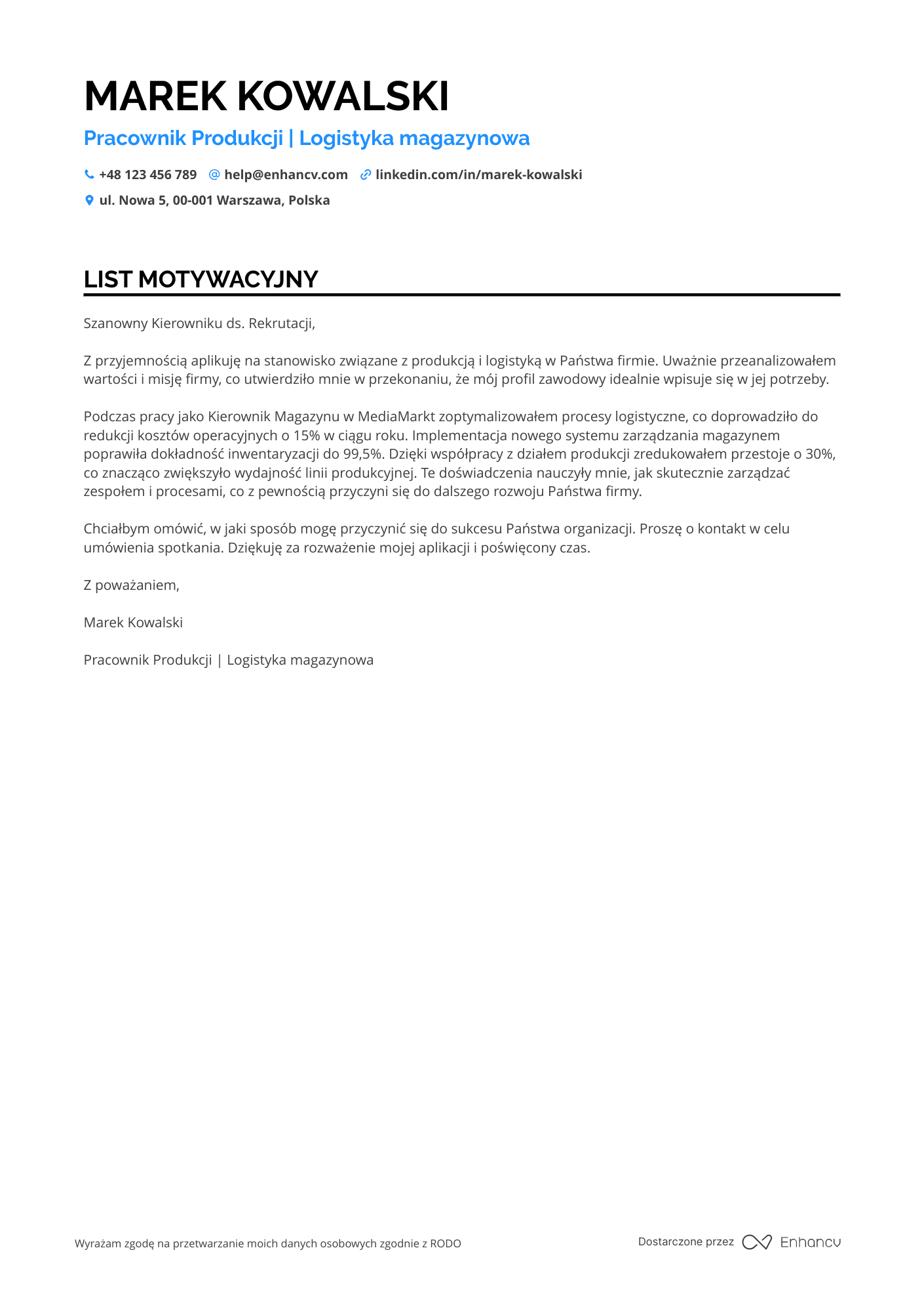 List motywacyjny dla Pracownik Produkcji Magazynier Resume Example