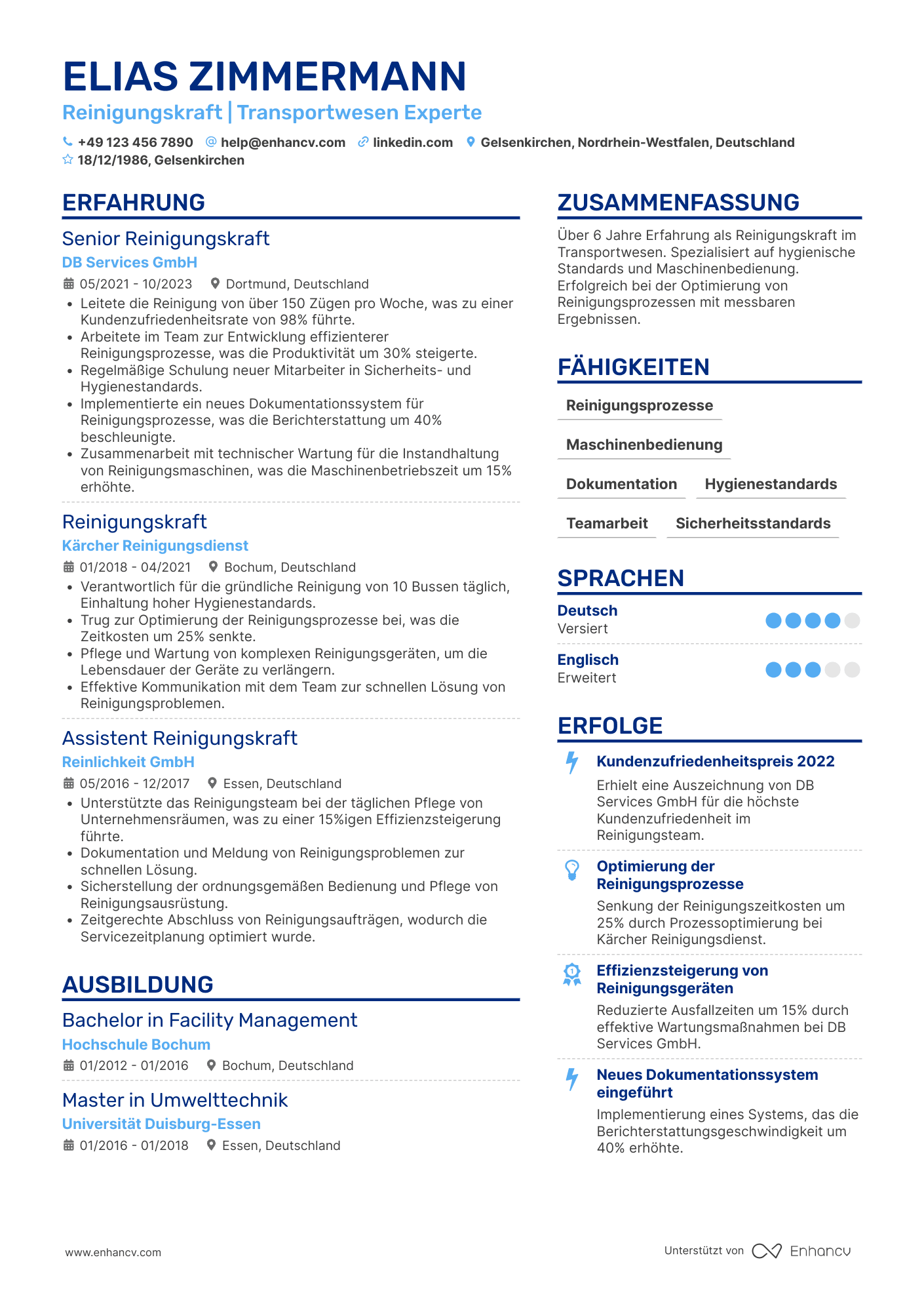 Lebenslauf in Reinigungskraft für Transportwesen Resume Example