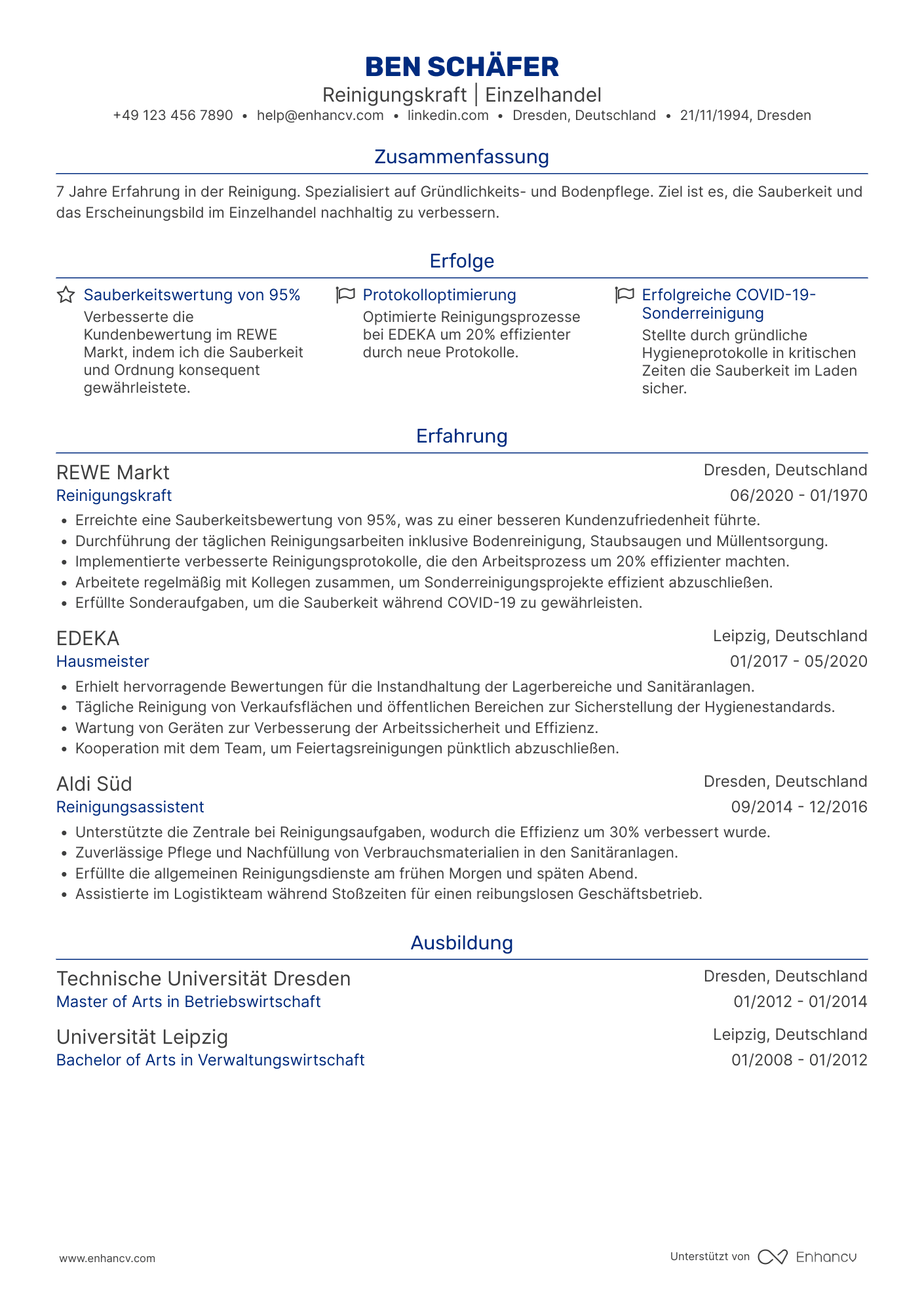 Lebenslauf in Reinigungskraft für Einzelhandel Resume Example